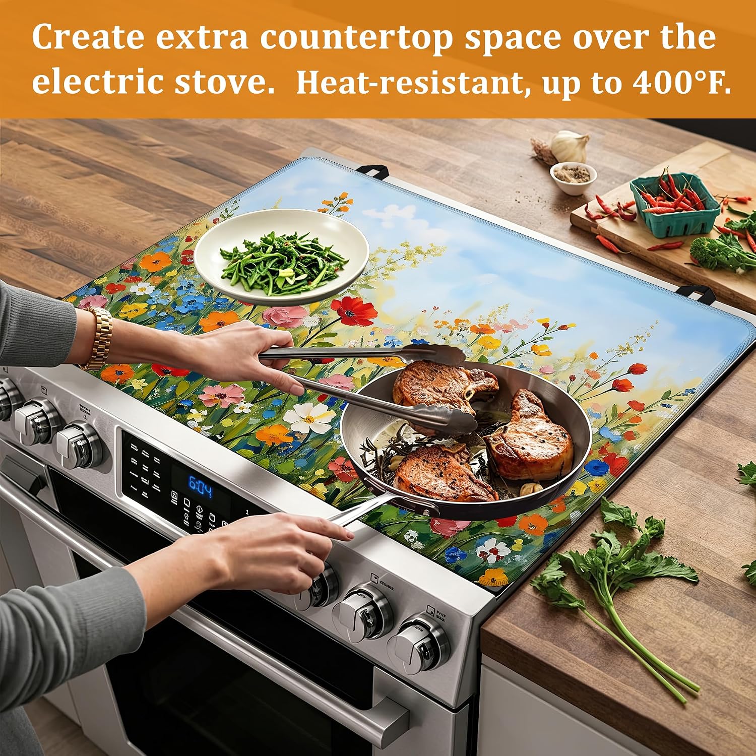 Detalle 2 de YIKTI Retro Oil Painting Stove Top Cover, 28 x 20 Inch, Heat-Resistant