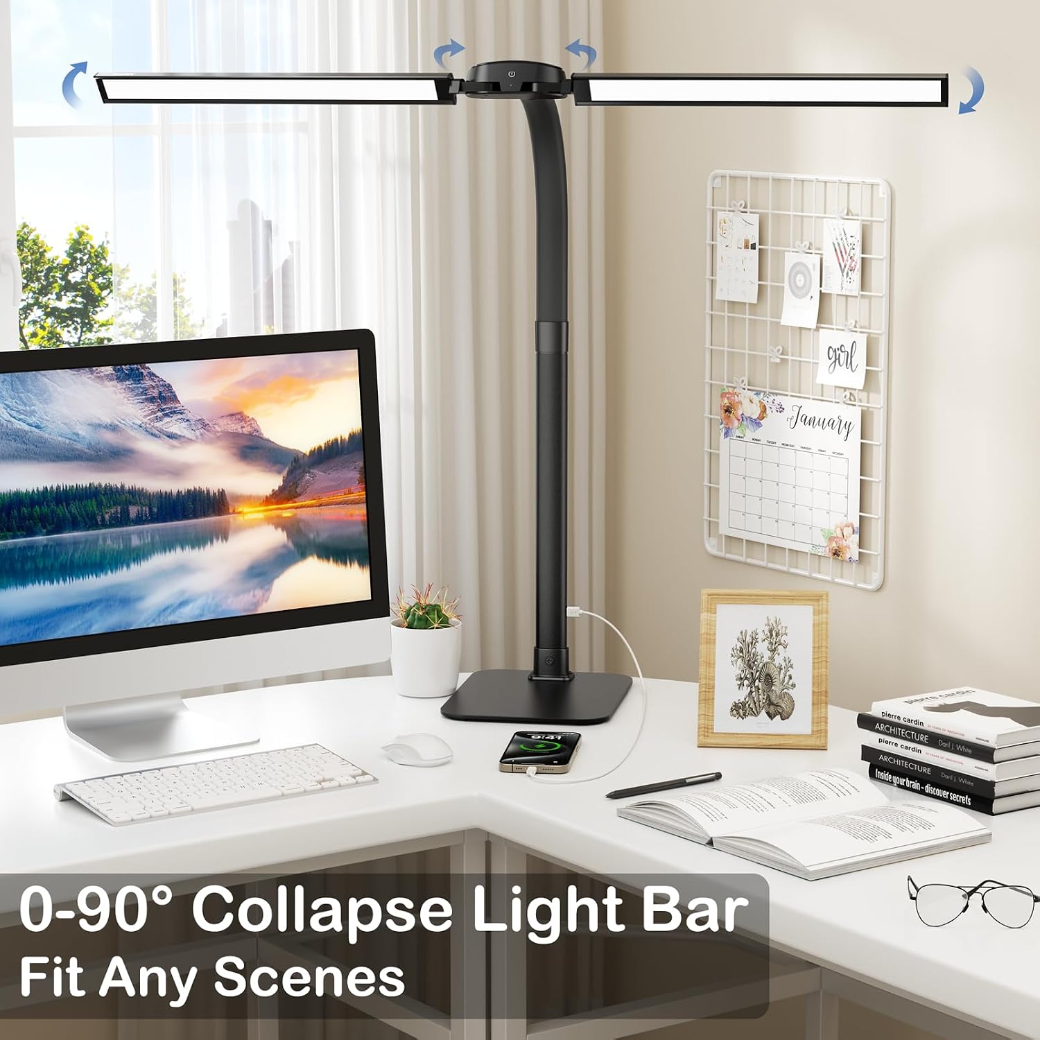 Detalle de LED Desk Lamp 24W with USB Charging Port, Dimmable Light Bar & Wireless Remote