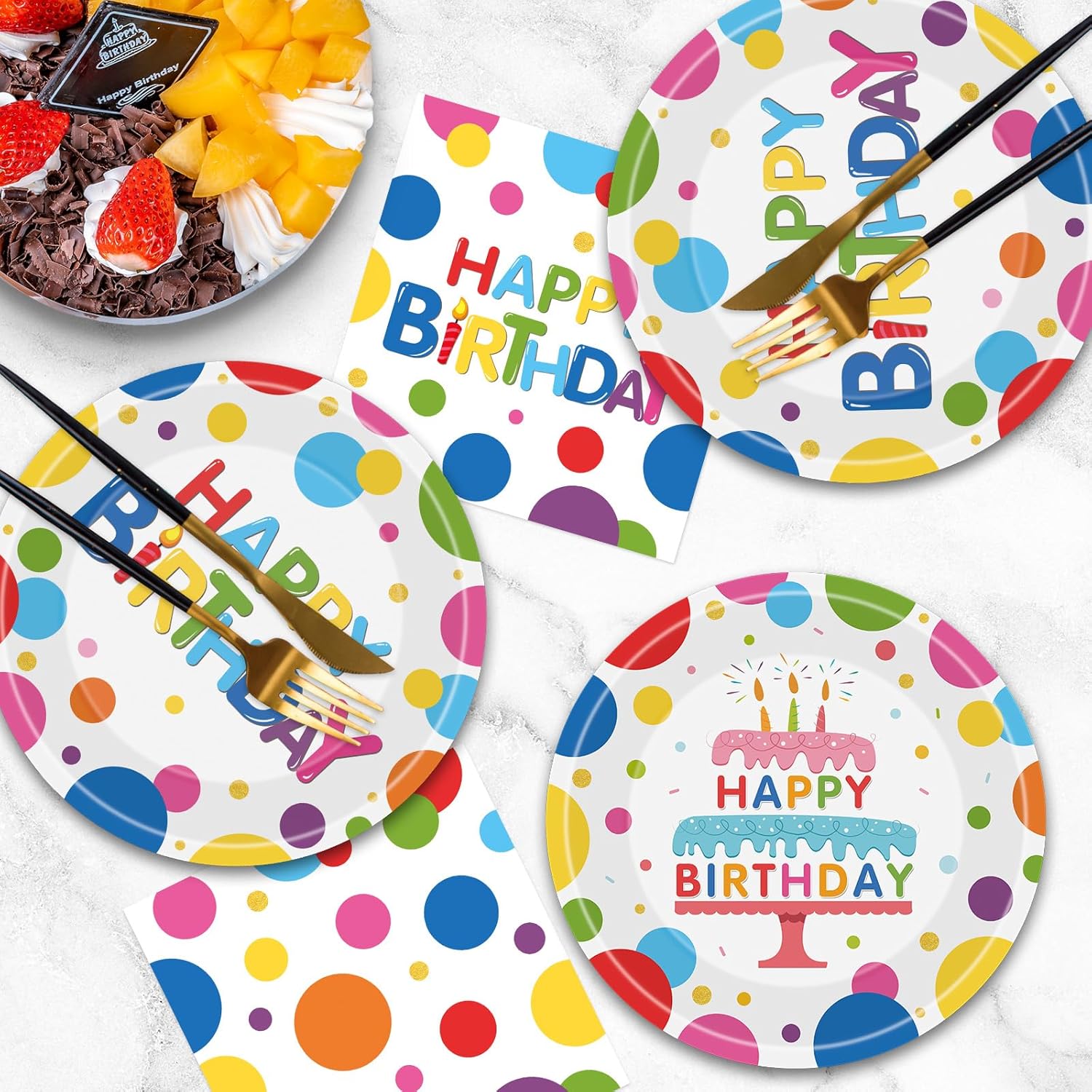 Thumbnail 6 de 40 Pcs Happy Birthday Paper Plates and Napkins Sets — Polka Dots Party Tableware for 20