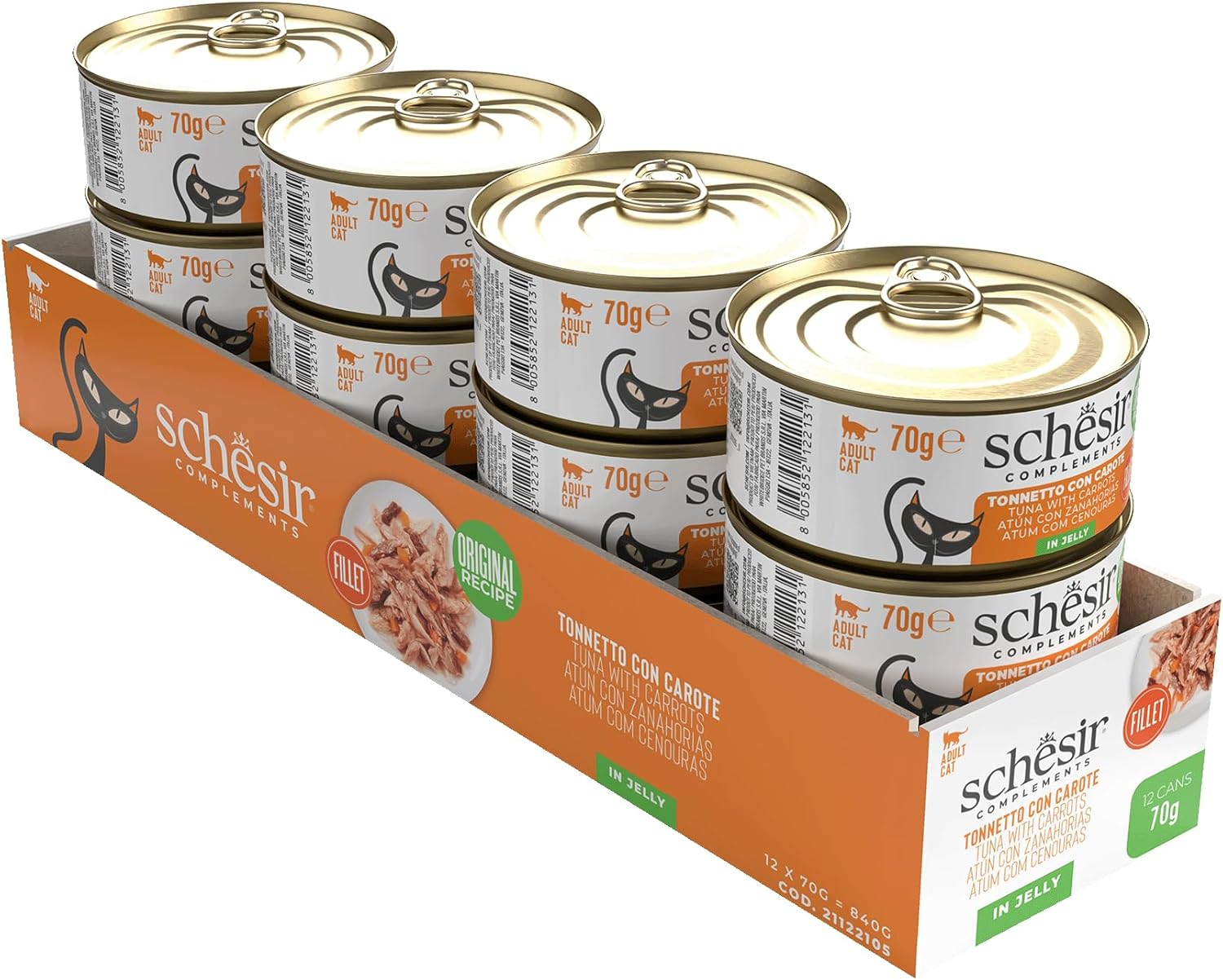 Detalle de Schesir Filetti di Tonno con Carote in Gelatina – Cibo Umido Complementare per Gatti, 12 lattine da 70 g