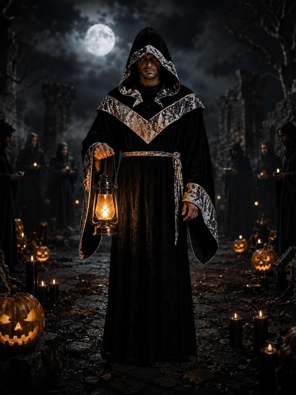 Detalle de WISHU Sorcerer Robe Costume with Hood, Silver Trim and Wide Sleeves