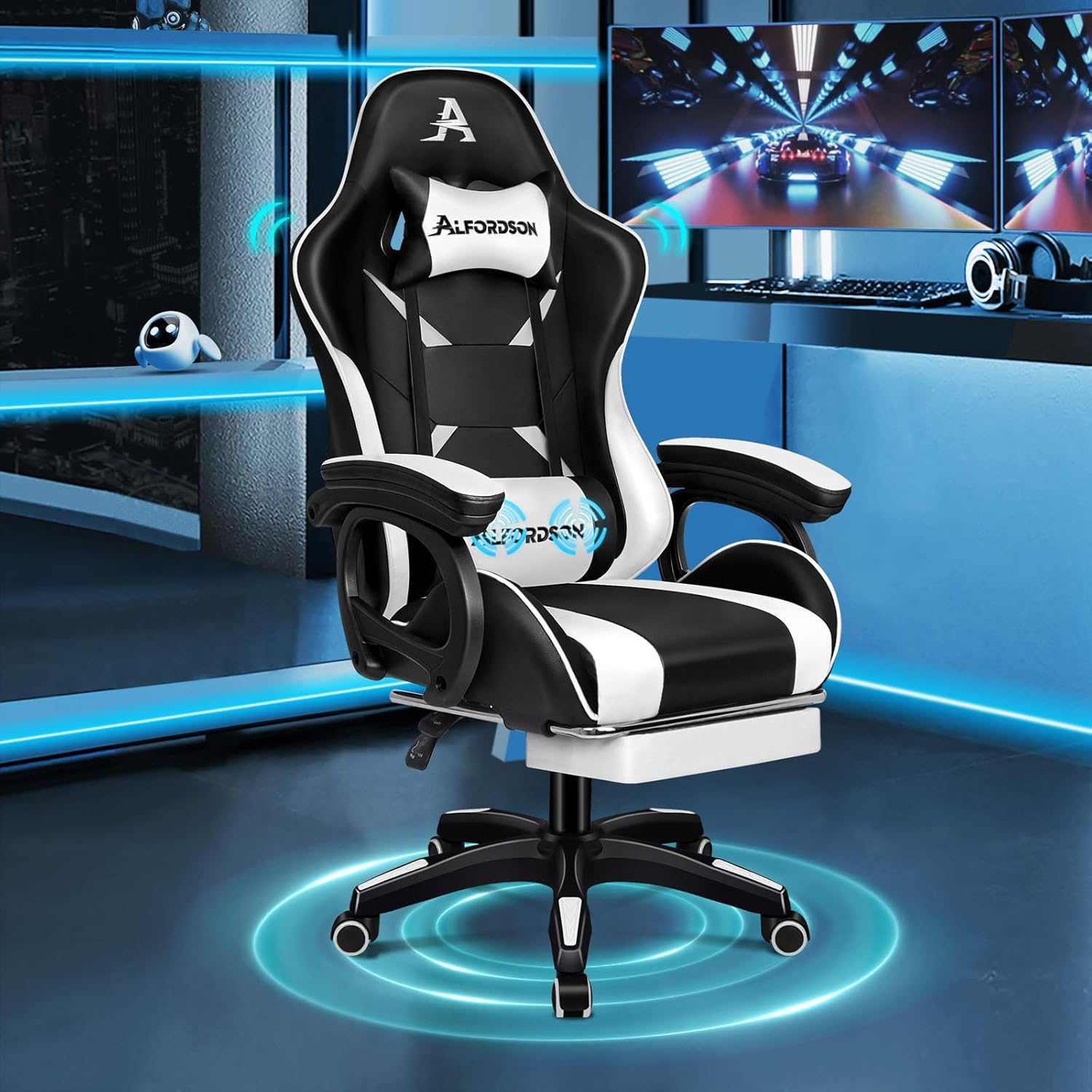 Detalle de ALFORDSON Sedia da Gaming Massaggiante con Poggiapiedi Telescopico e Supporto Lombare – Ergonomica, Bianca