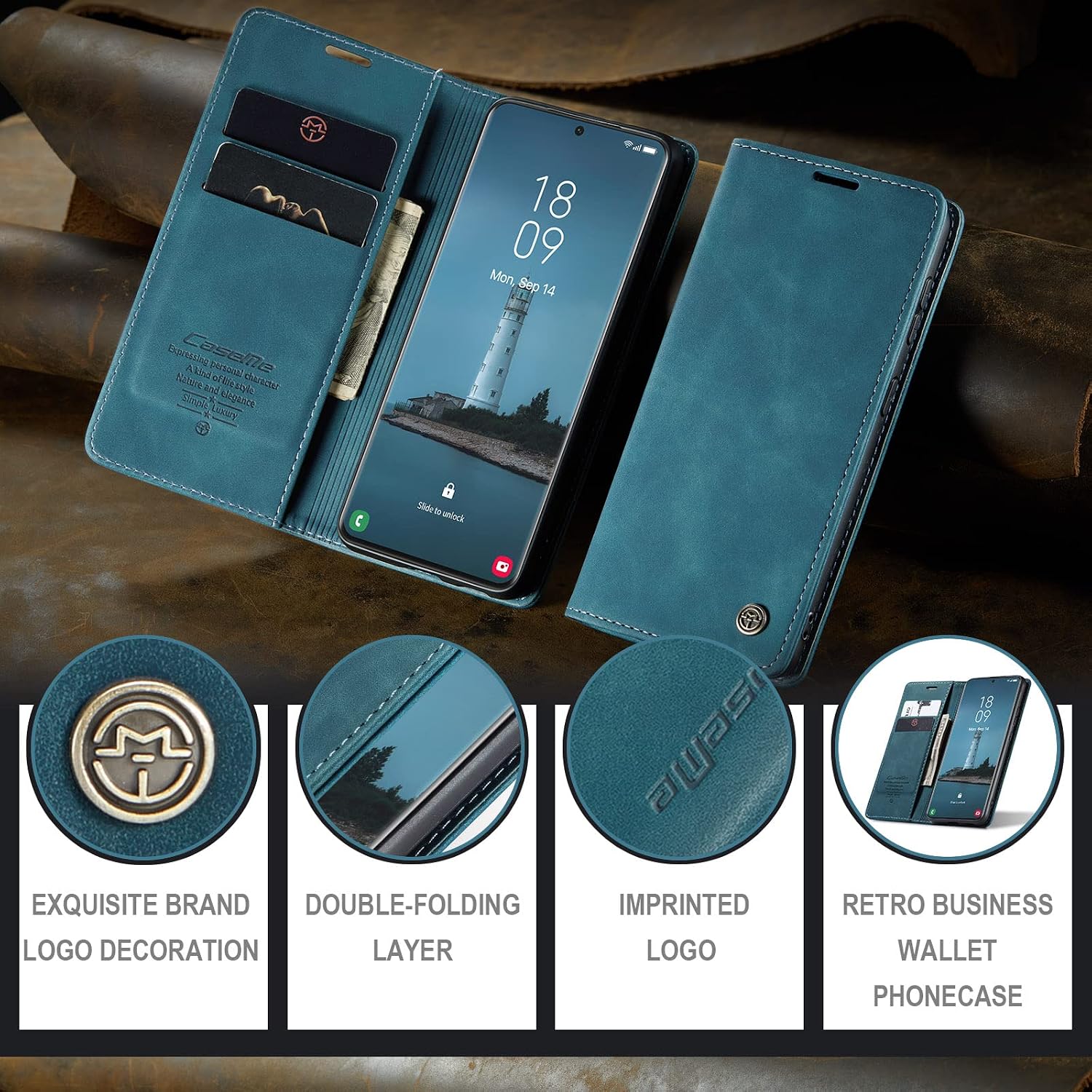 Thumbnail 6 de Cracedily for Samsung Galaxy S21 Ultra leather flip wallet case with card holder, magnetic closure and kickstand (Blue-Green)