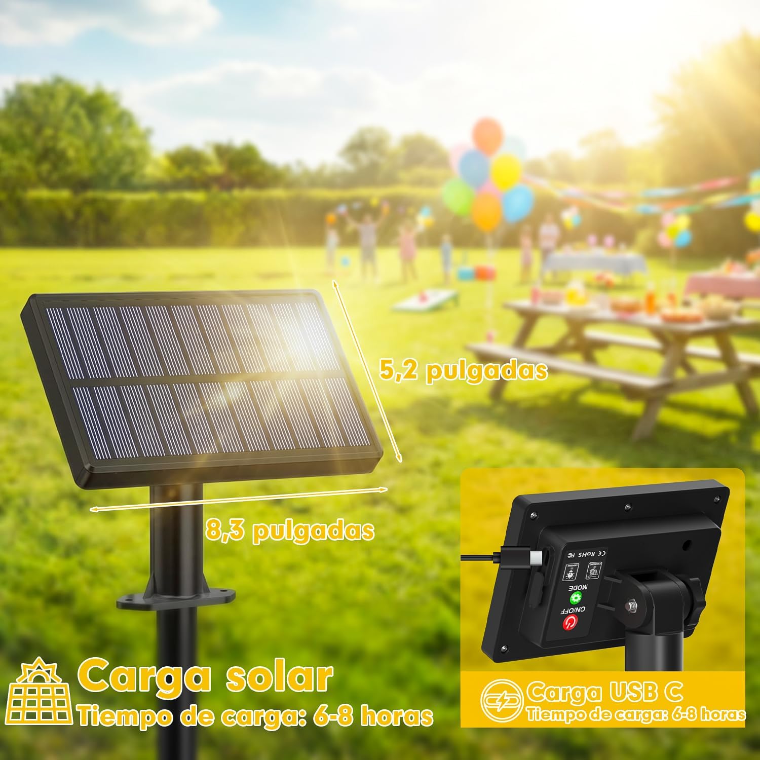 Detalle de Warlisou Guirnaldas Luces Exterior Jardin Solar - G40 14 m, 45.9 ft, 14 LEDs, IP44/IP65, Control Remoto y Carga Dual