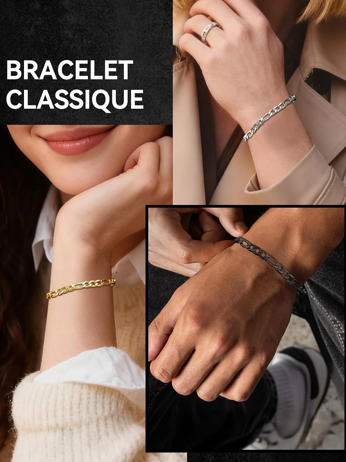 Detalle de Bracelet gourmette Homme en acier inoxydable ChainsHouse — Figaro, 19/21 cm, 6/9 mm, argenté, plaqué or ou noir
