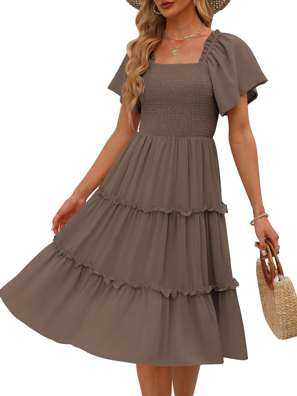 Thumbnail 5 de LILLUSORY Women’s Summer Smocked Midi Dress with Flutter Sleeves and Square Neck