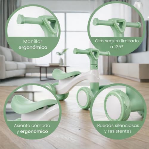 Detalle de Edibaby Triciclo Bebé 1 Año | Correpasillos ligero en color Menta, primera bici de equilibrio para bebés