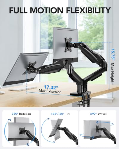 Detalle de HUANUO FlowLift Dual Monitor Stand — Fully Adjustable Dual Arm Desk Mount for 13–32" Screens