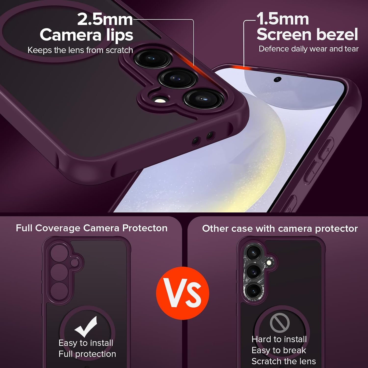 Detalle de ivoler 3-in-1 Magnetic Case for Samsung Galaxy S24 5G / S25 5G with 2 Pack Screen Protectors – Burgundy