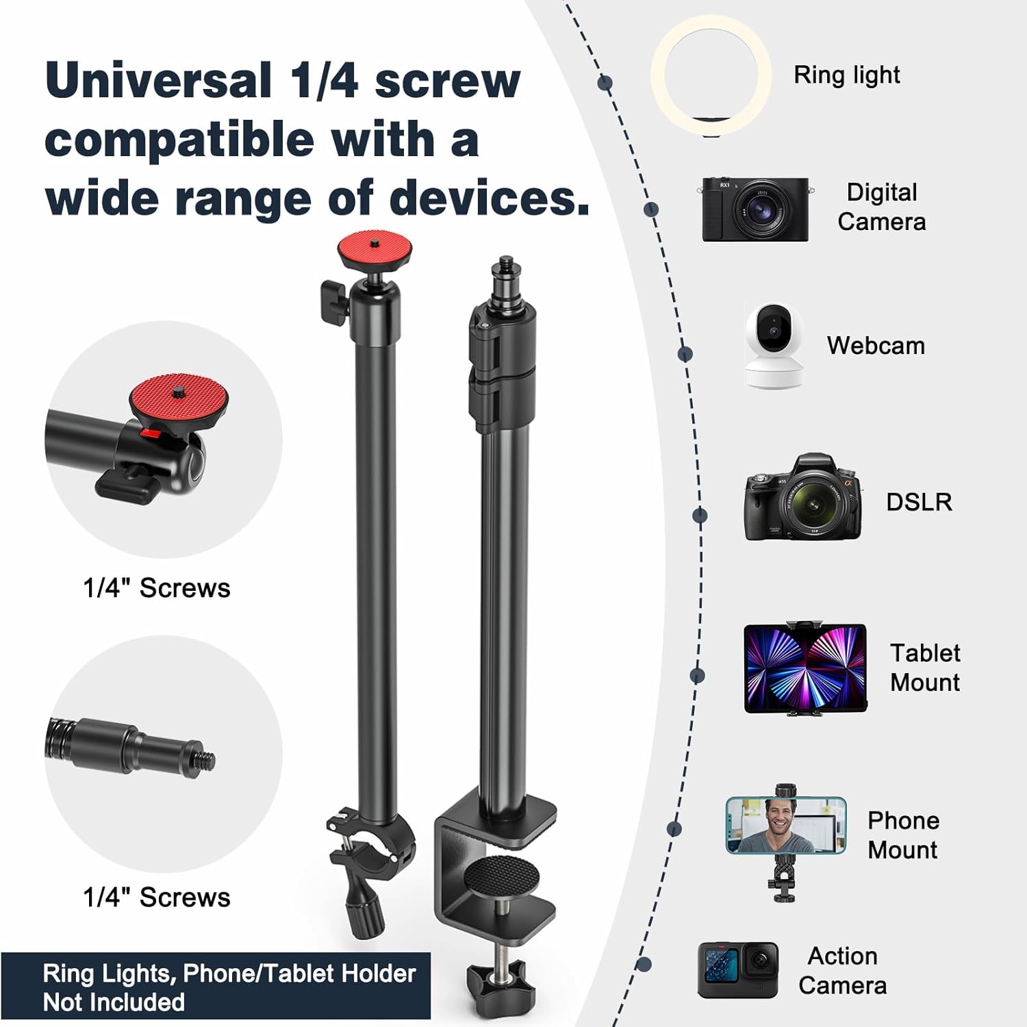 Thumbnail 3 de Overhead Camera Desk Mount (13.4–42.5 in) with gooseneck arm and C-clamp for webcam, DSLR & ring light