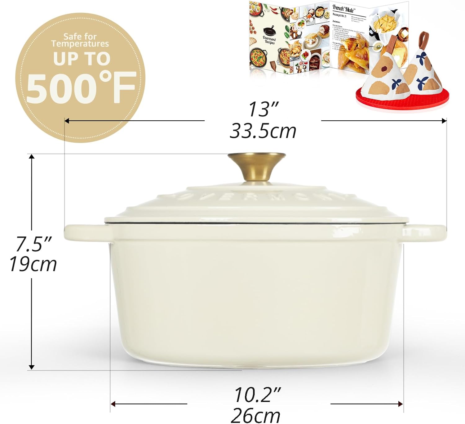 Detalle de Overmont 26cm Enamelled Cast Iron Round Casserole Pot with Lid – 5.2L Cream White