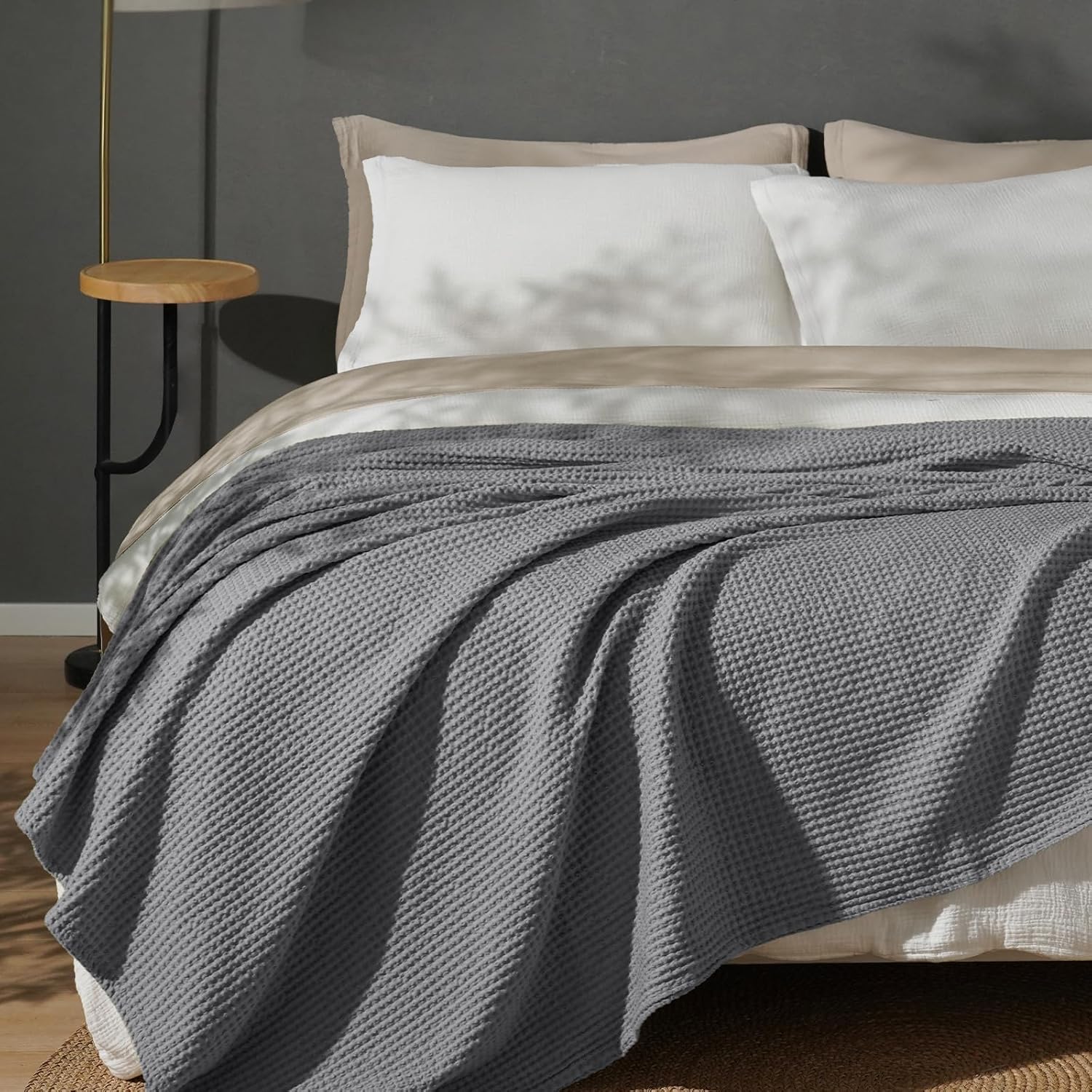 Thumbnail 6 de PHF 100% Cotton Waffle Weave Blanket King Size (220 x 240cm) in Charcoal Grey