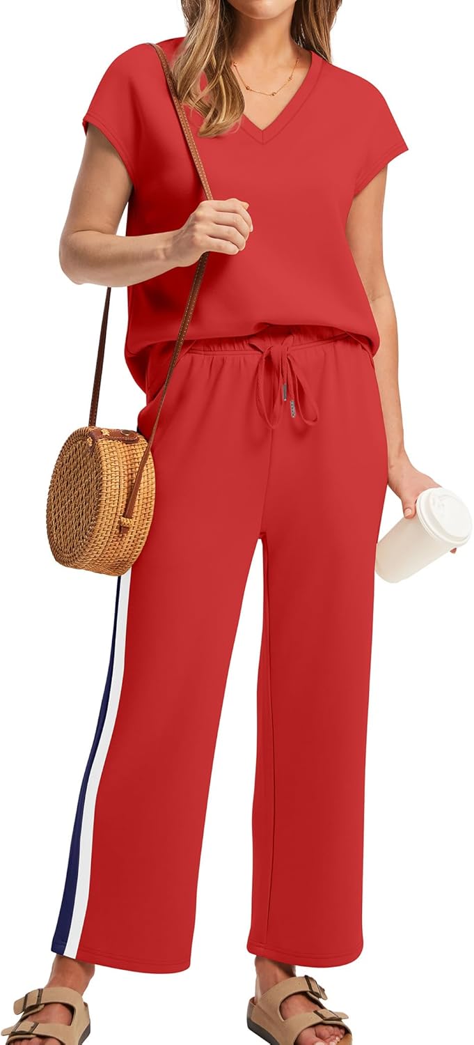 Thumbnail 1 de Saloogoe Two-Piece Lounge Set for Women: V-Neck Cap Sleeve Top + Wide-Leg Pants