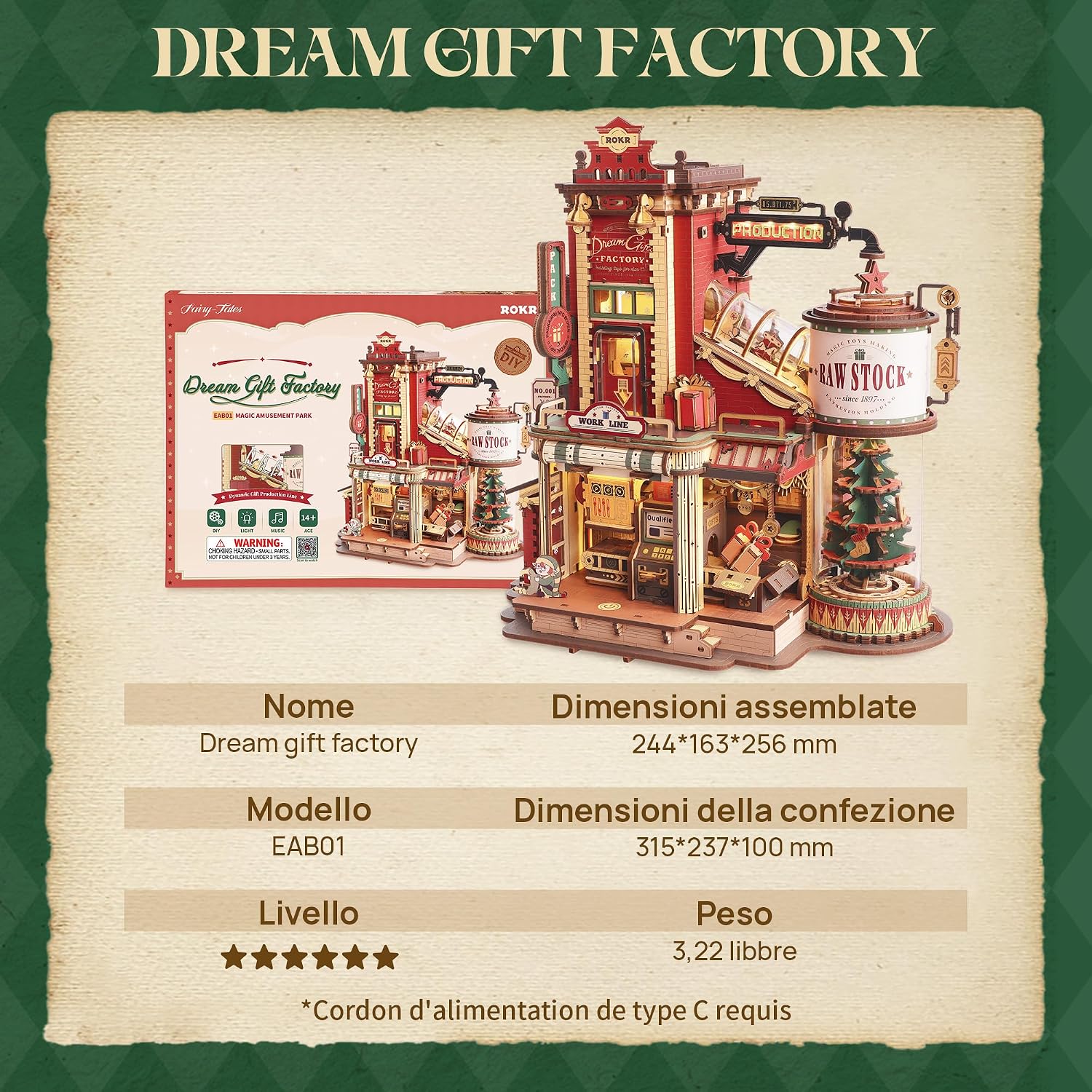 Detalle de ROKR Puzzle 3D in legno Dream Gift Factory EAB01 con luci, musica e parti mobili