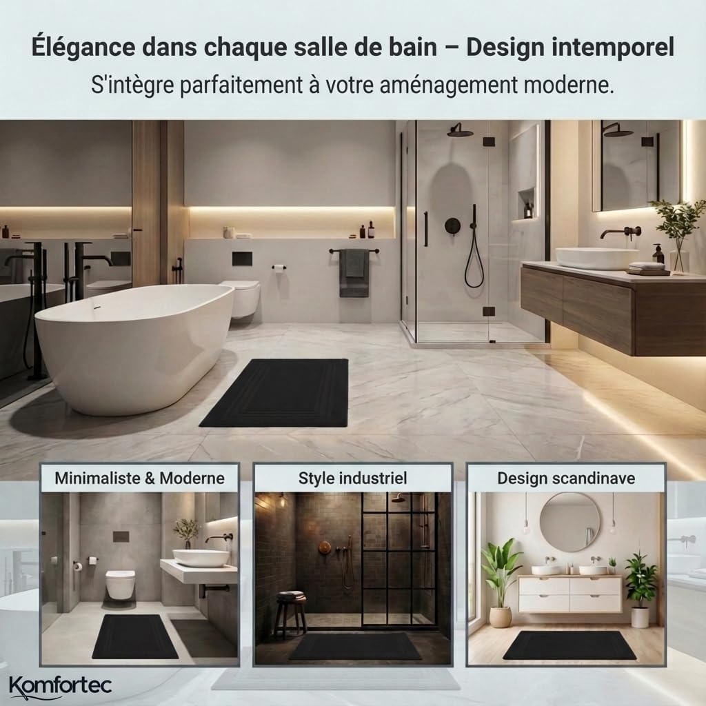 Thumbnail 4 de Komfortec Lot de 2 Tapis de Bain en coton absorbant 600 g/m², Noir 50 x 70 cm
