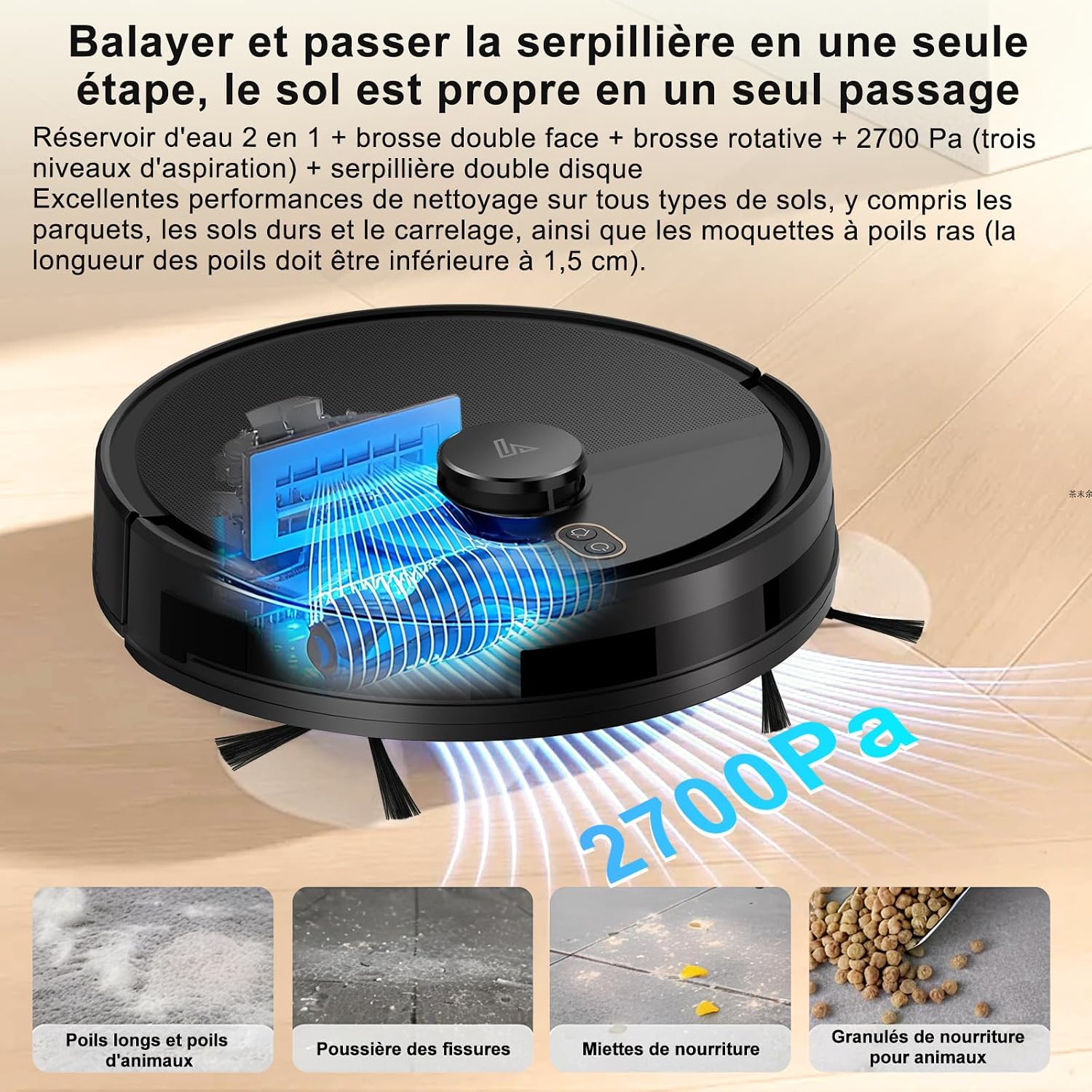 Detalle de Robot aspirateur 2025 avec cartographie, 120 min, LiDAR