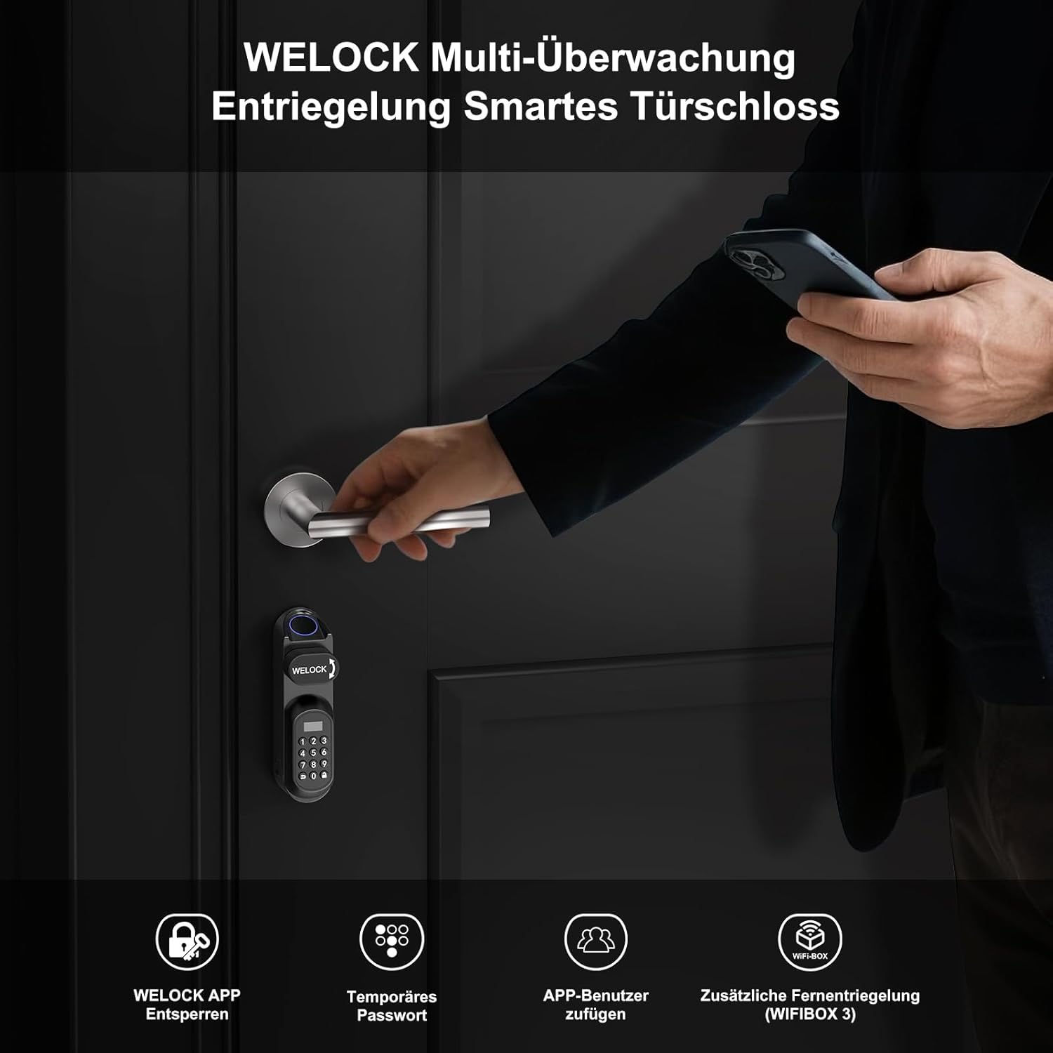 Detalle 2 de WELOCK U81 – Smartes Türschloss Ultra mit Fingerabdruck, Passwort, RFID, App-Steuerung und optionaler WiFi-Anbindung