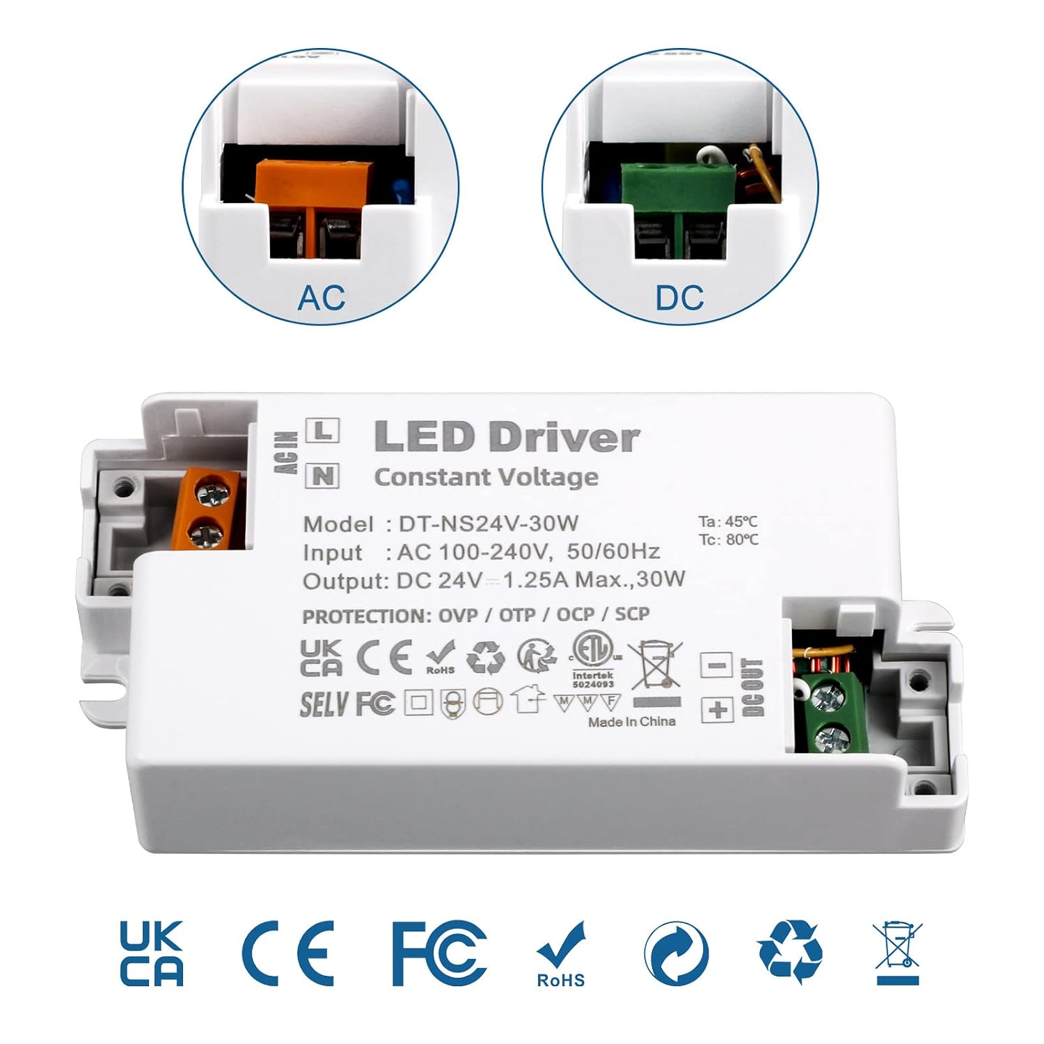 Detalle de VARICART 24V LED Driver 30W Power Supply (1.25A) – Compact, IP44, Non-Dimmable