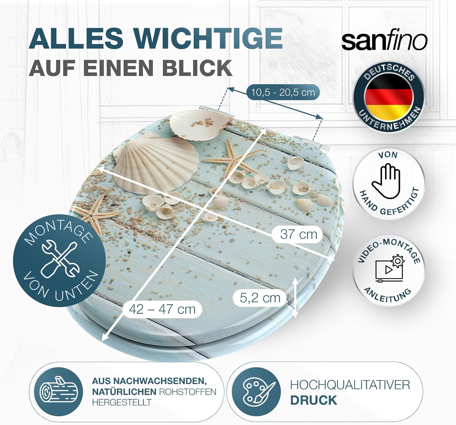 Detalle de SANFINO Premium WC-Sitz mit Absenkautomatik – Holzkern, Caribbean Blue, 43,5 x 37,5 cm
