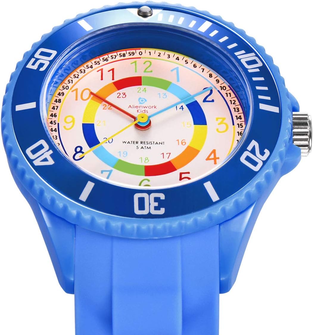 Detalle de Alienwork Kids Orologio di Apprendimento: lettura dell’ora con quadrante colorato e resistenza 5 ATM