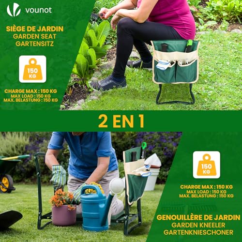 Detalle 2 de vounot Banc de Jardinage Pliable 2 en 1 – Agenouilloir et Siège avec Pochette de Rangement