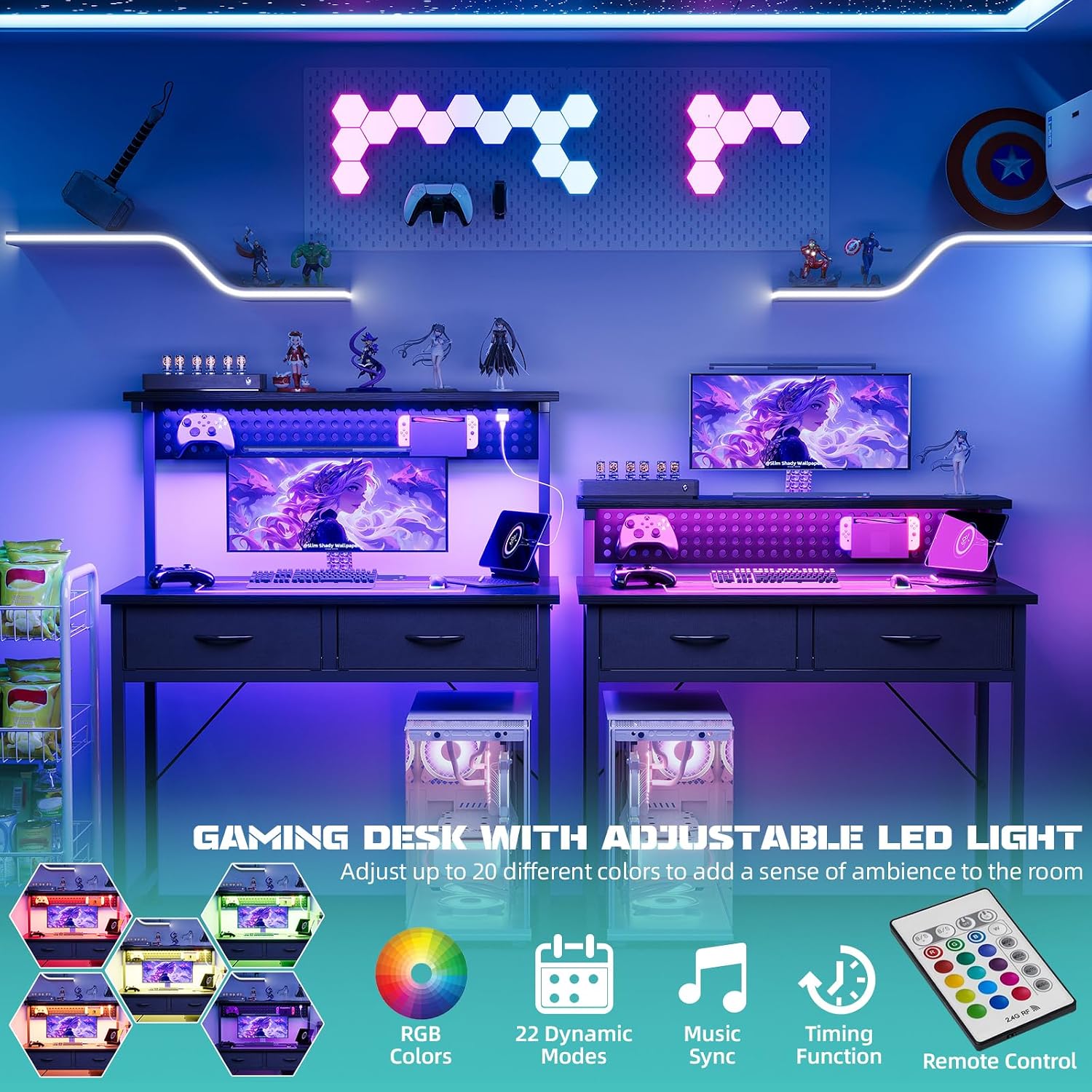 Detalle de Flrrtenv 31-Inch Gaming Desk with Pegboard, Adjustable LED and 2 Drawers