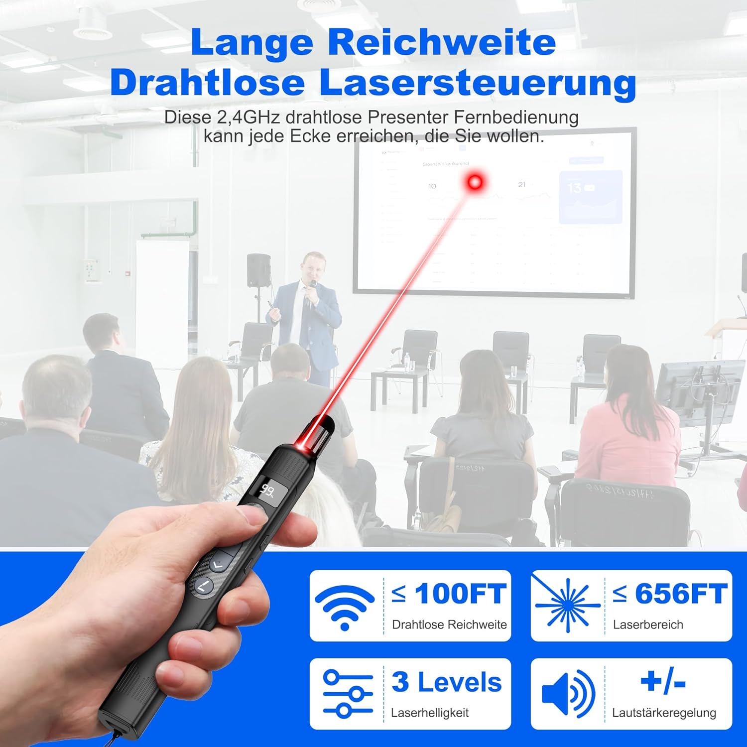 Detalle de Elegamefy Schreiben Presenter – Präsentationsfernbedienung mit ausziehbarem Zeigestab und wiederaufladbarem USB-C