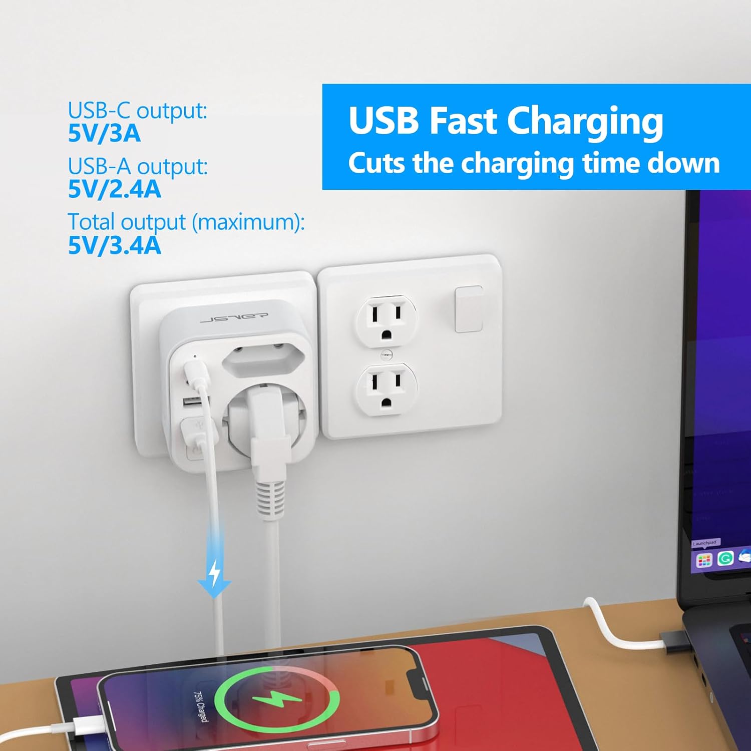 Thumbnail 2 de JSVER adaptateur voyage 6 en 1 pour États-Unis/Canada avec 2 USB-A et 2 USB-C (blanc)