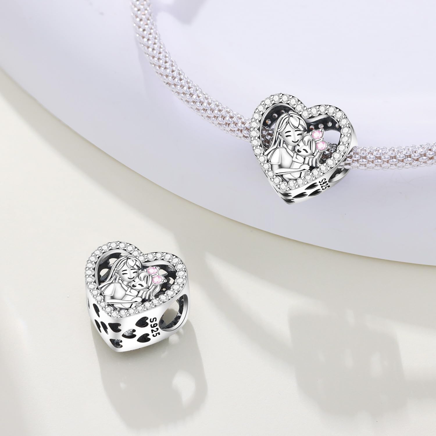 Detalle de PANPOKI Family Herz Charm Perlen 925 Sterling Silber – Nurse, Mutter-Tochter, Schwestern