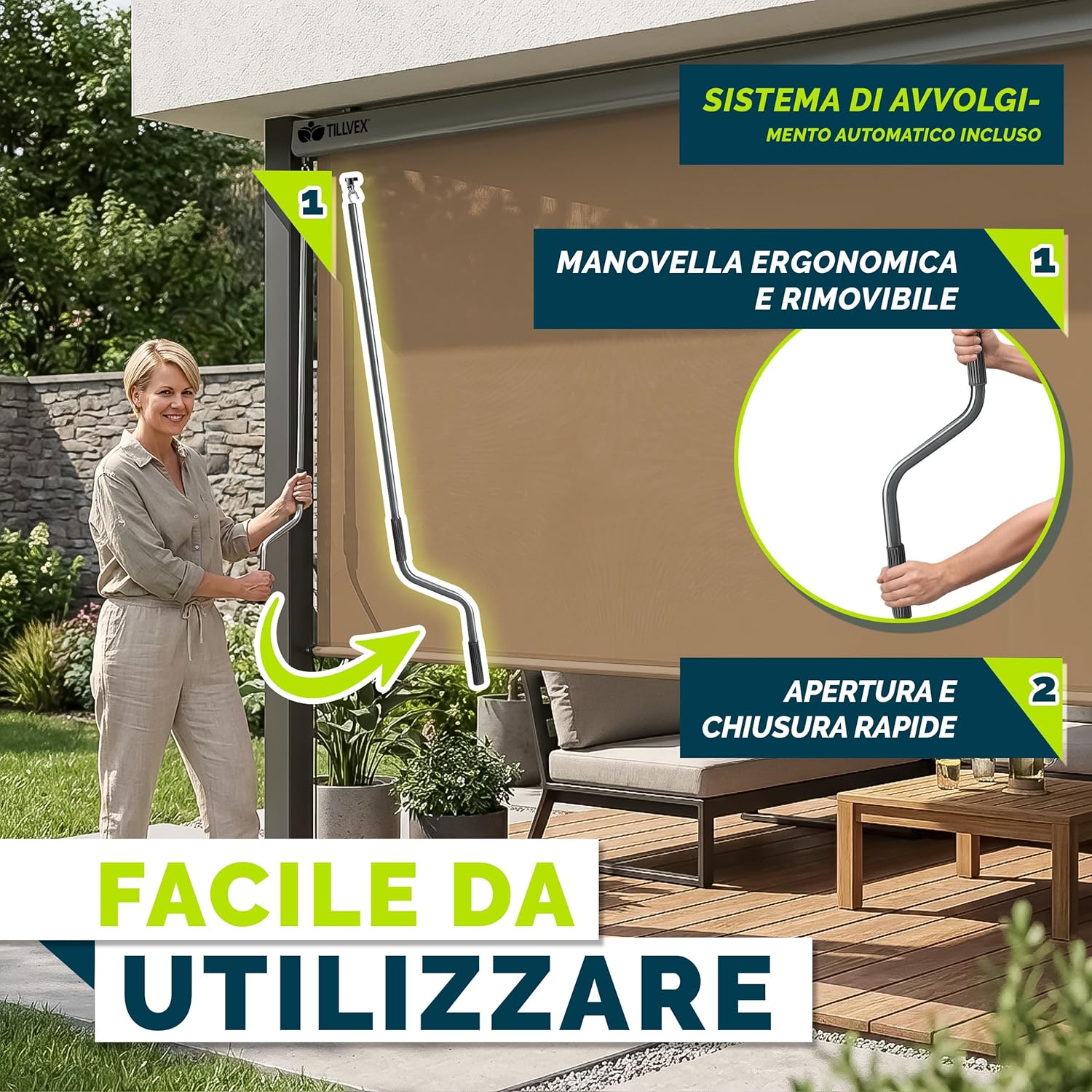Thumbnail 4 de tillvex® Tenda da sole verticale verticale in alluminio Taupe 200 x 250 cm con manovella e copertura impermeabile