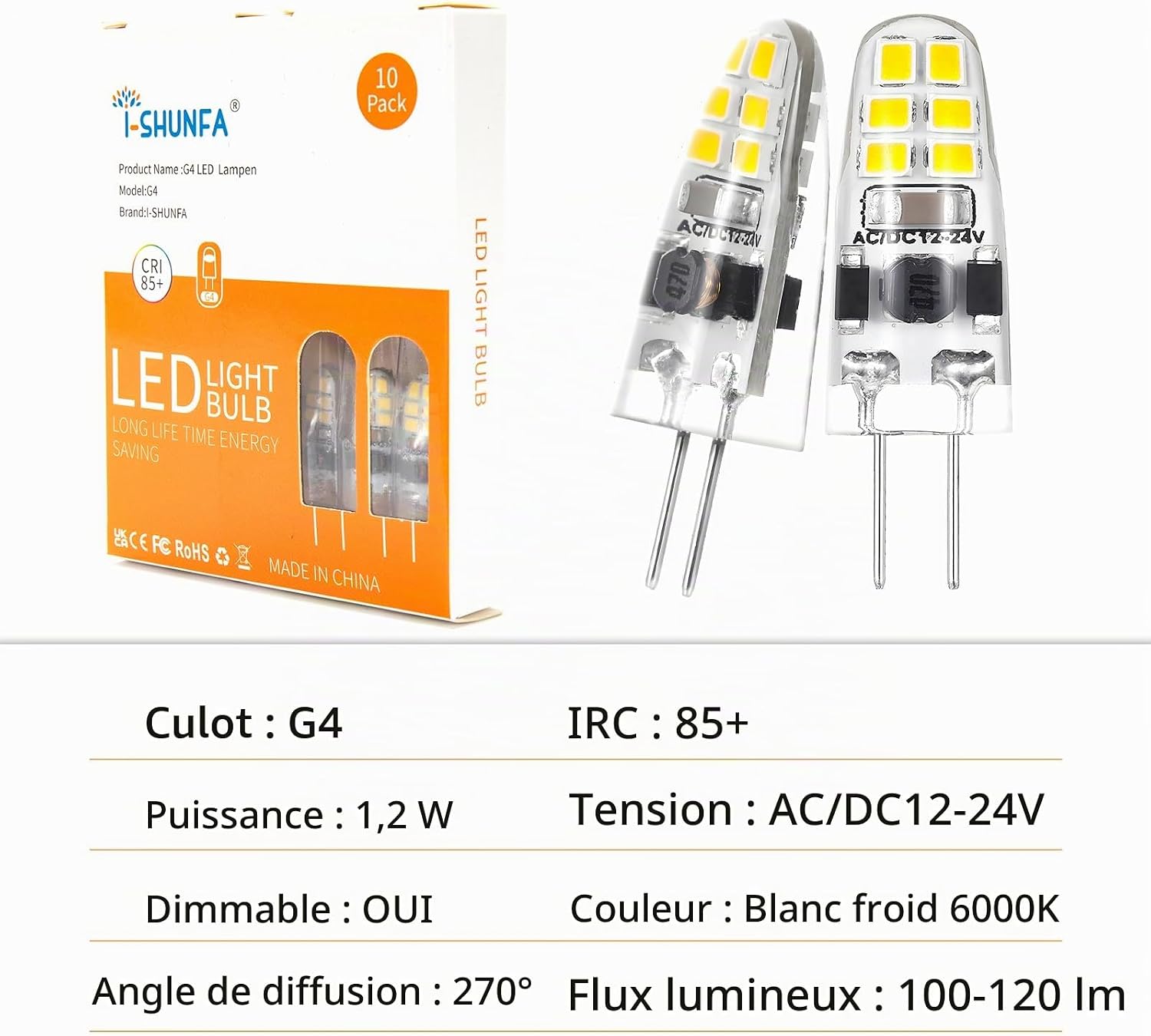 Detalle 2 de I-SHUNFA G4-12LED-NEW G4-ledlampen, dimbaar, 6000 K, 10 stuks