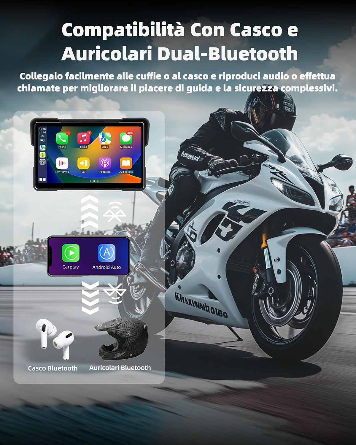 Thumbnail 4 de Jansite 7 Pollic Schermo Carplay Moto Android Auto – Navigatore impermeabile IP67, Bluetooth dual e assistenti vocali