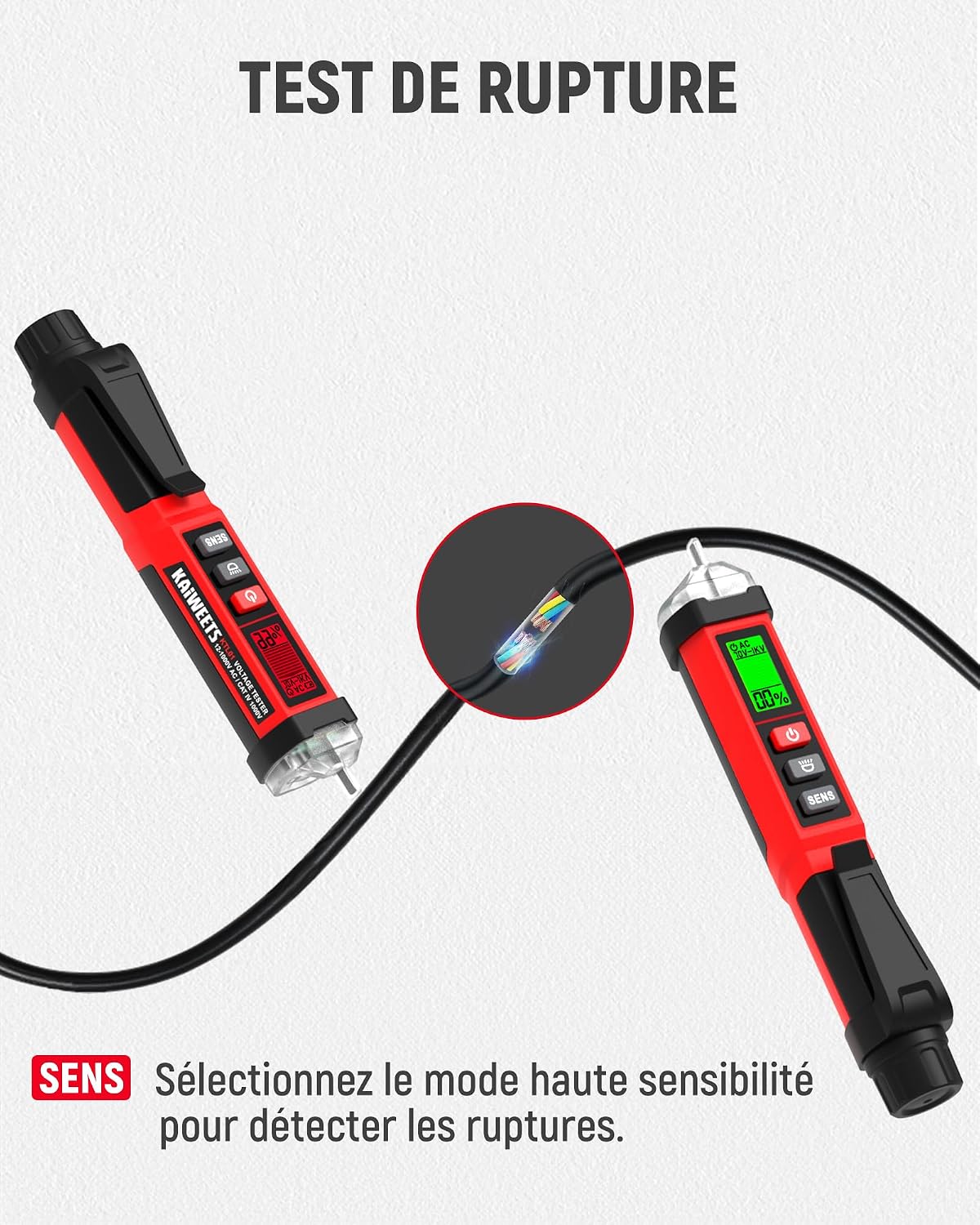 Thumbnail 6 de KAIWEETS Testeur de tension sans contact NCV double plage 12–1000V / 70–1000V AC avec écran LCD