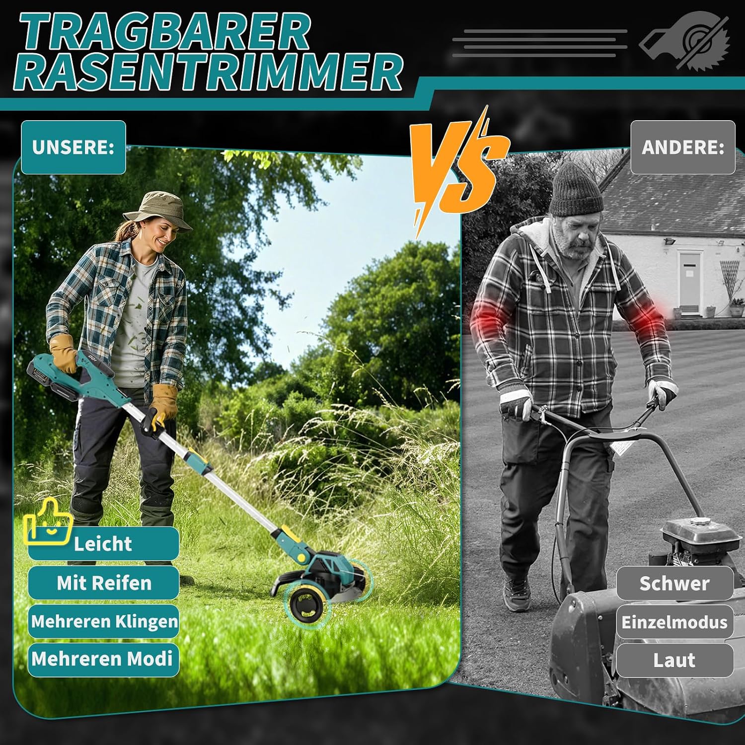 Thumbnail 4 de Akku-Rasentrimmer 21V (für Makita-Akkus) 900W bürstenlos, 5-in-1 mit Unkrautbürste und 2×4,0Ah