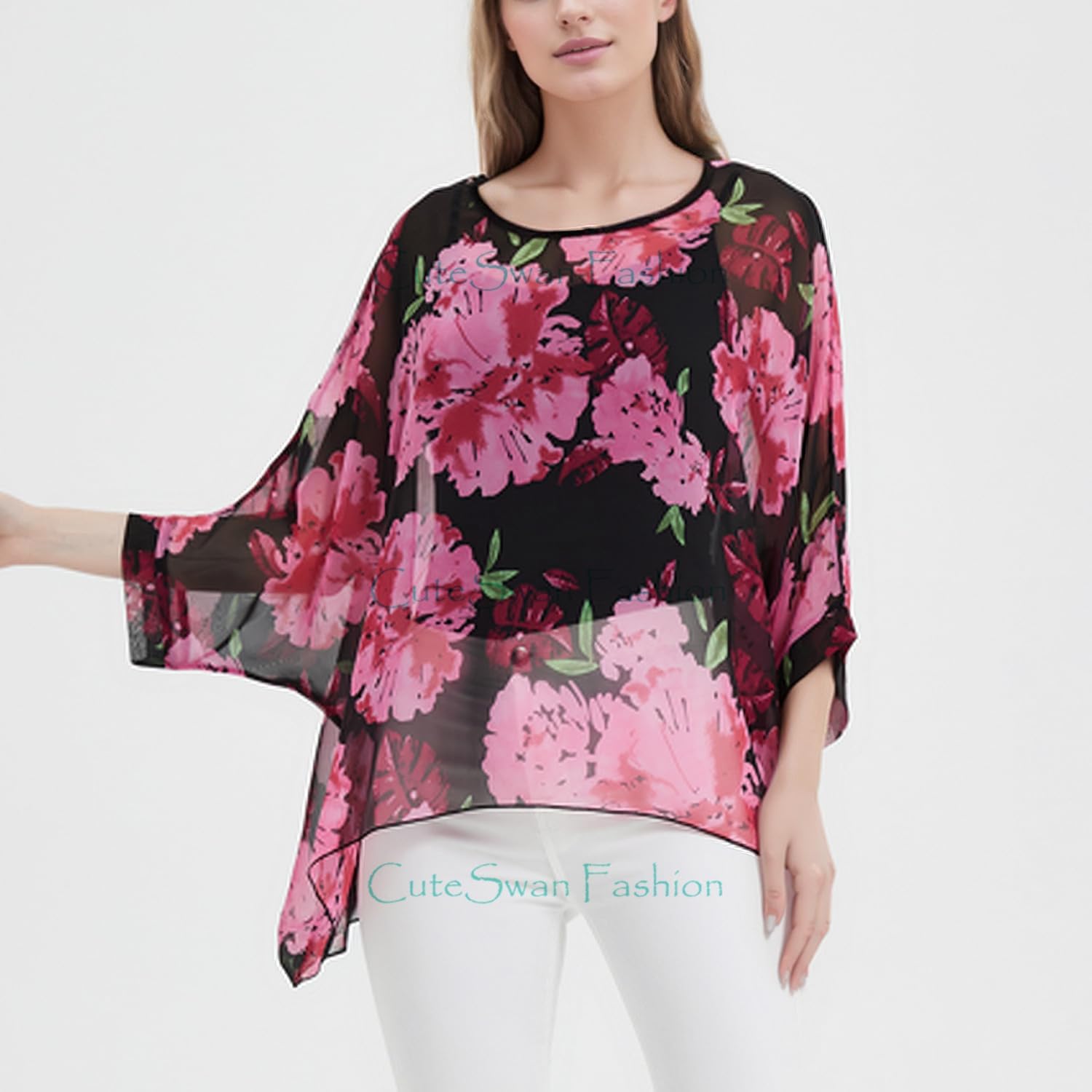 Thumbnail 3 de CuteSwan women’s bohemian print chiffon blouse tunic top (loose V-neck, batwing sleeves)