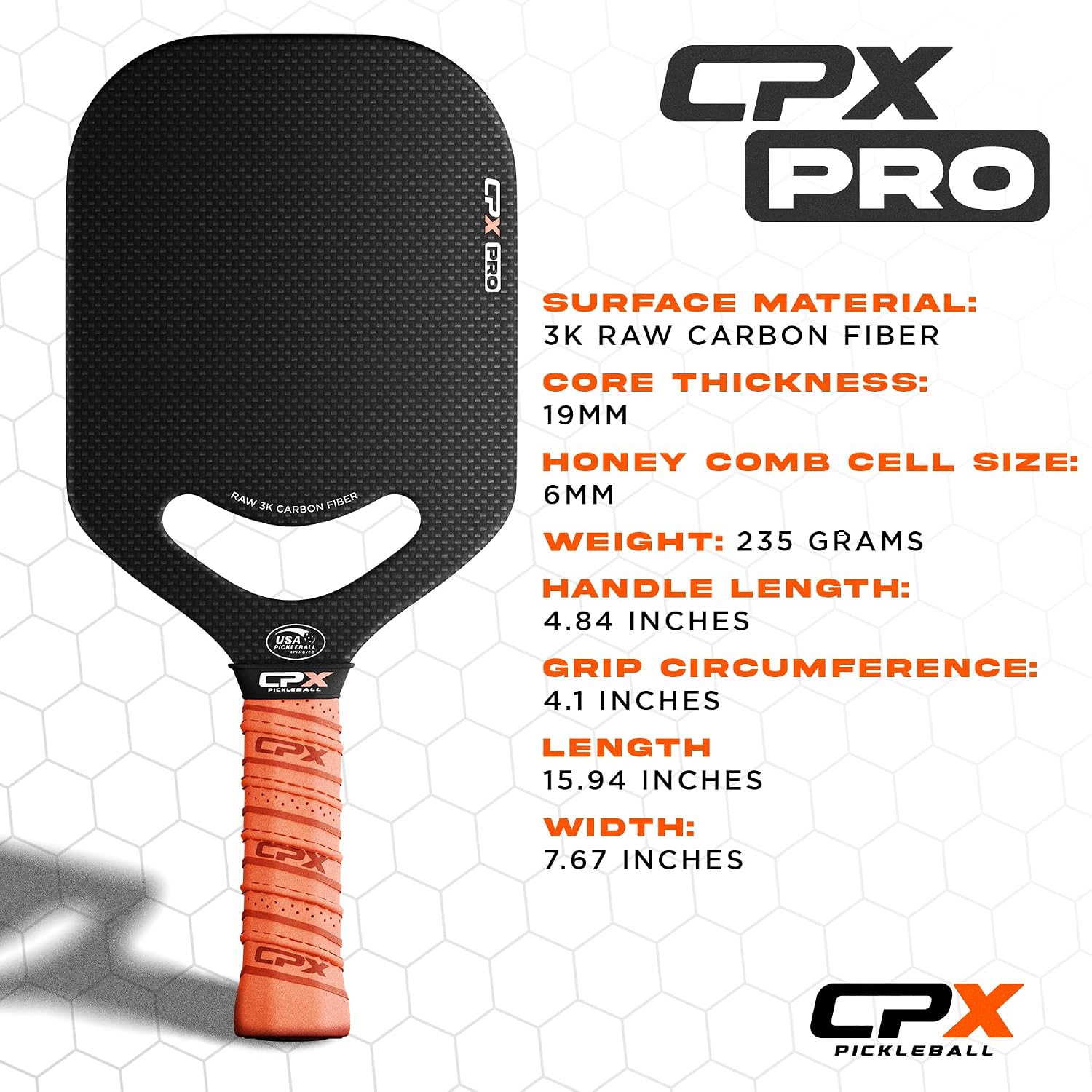 Detalle 1 de CPX Pickleball CPX Pro Carbon Fiber Paddle, Honeycomb Core, Edgeless Design