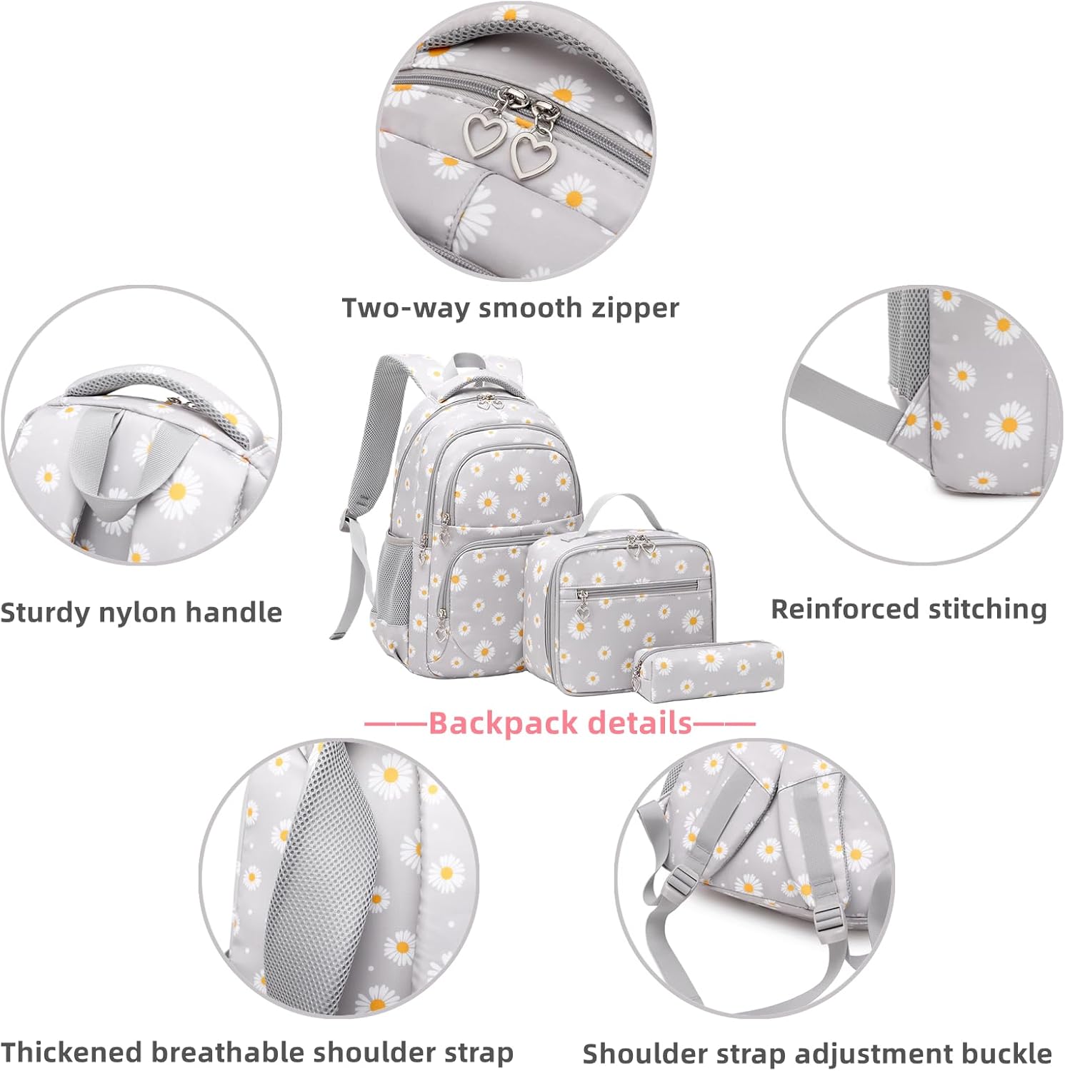Detalle de Armbq Daisy Prints Girls School Bag: kids’ 3-piece backpack with insulated lunch bag