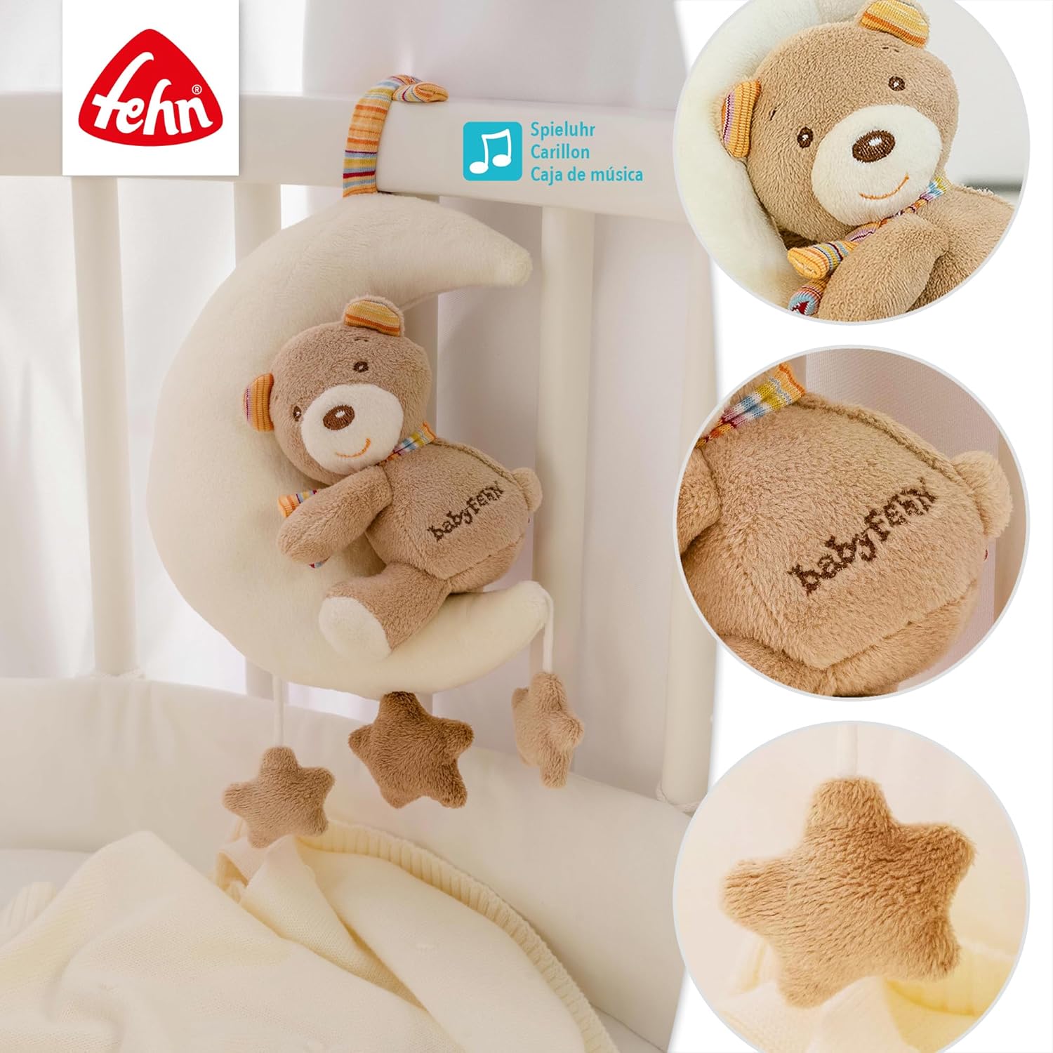 Detalle 2 de Fehn carillon orsacchiotto sulla luna – Peluche e aiuto per addormentarsi, melodia di Brahms, 20 cm