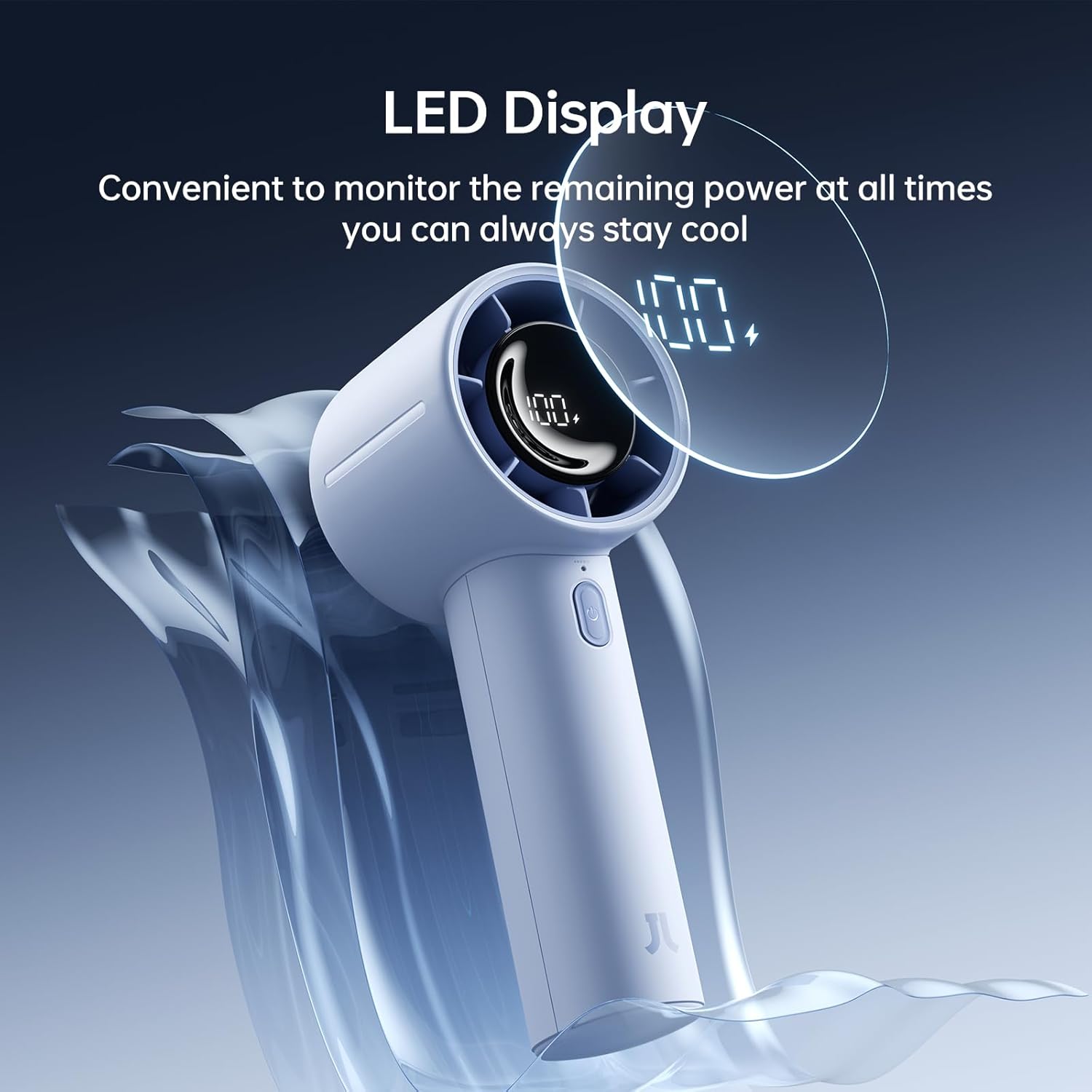Detalle de JISULIFE Portable Handheld Turbo Fan (5000mAh) – 5 Speeds, LED Display, 28H Runtime