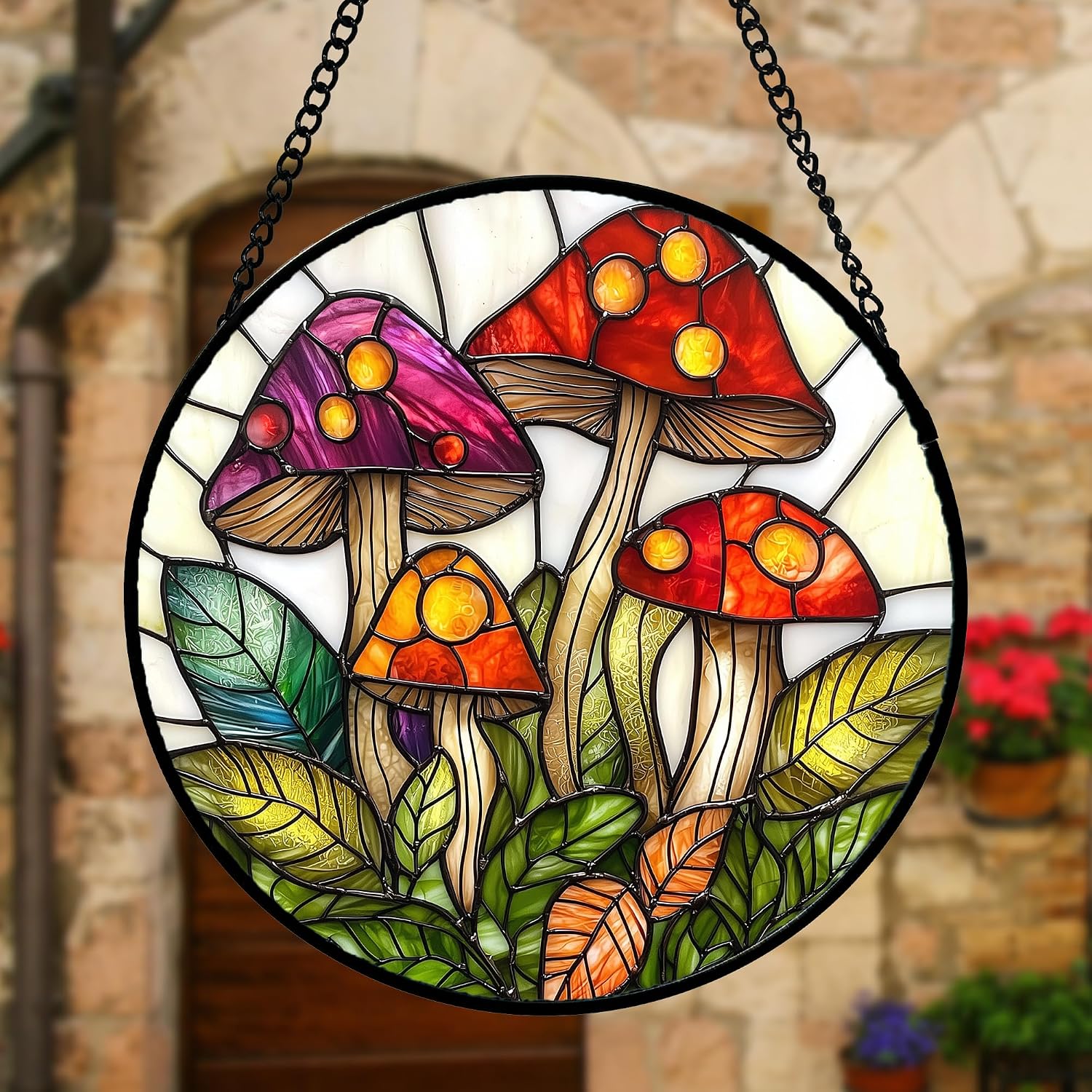 Thumbnail 3 de DASTOLL Mushroom Leaves Window Suncatcher, 6.3-Inch Red and White Glass Decor