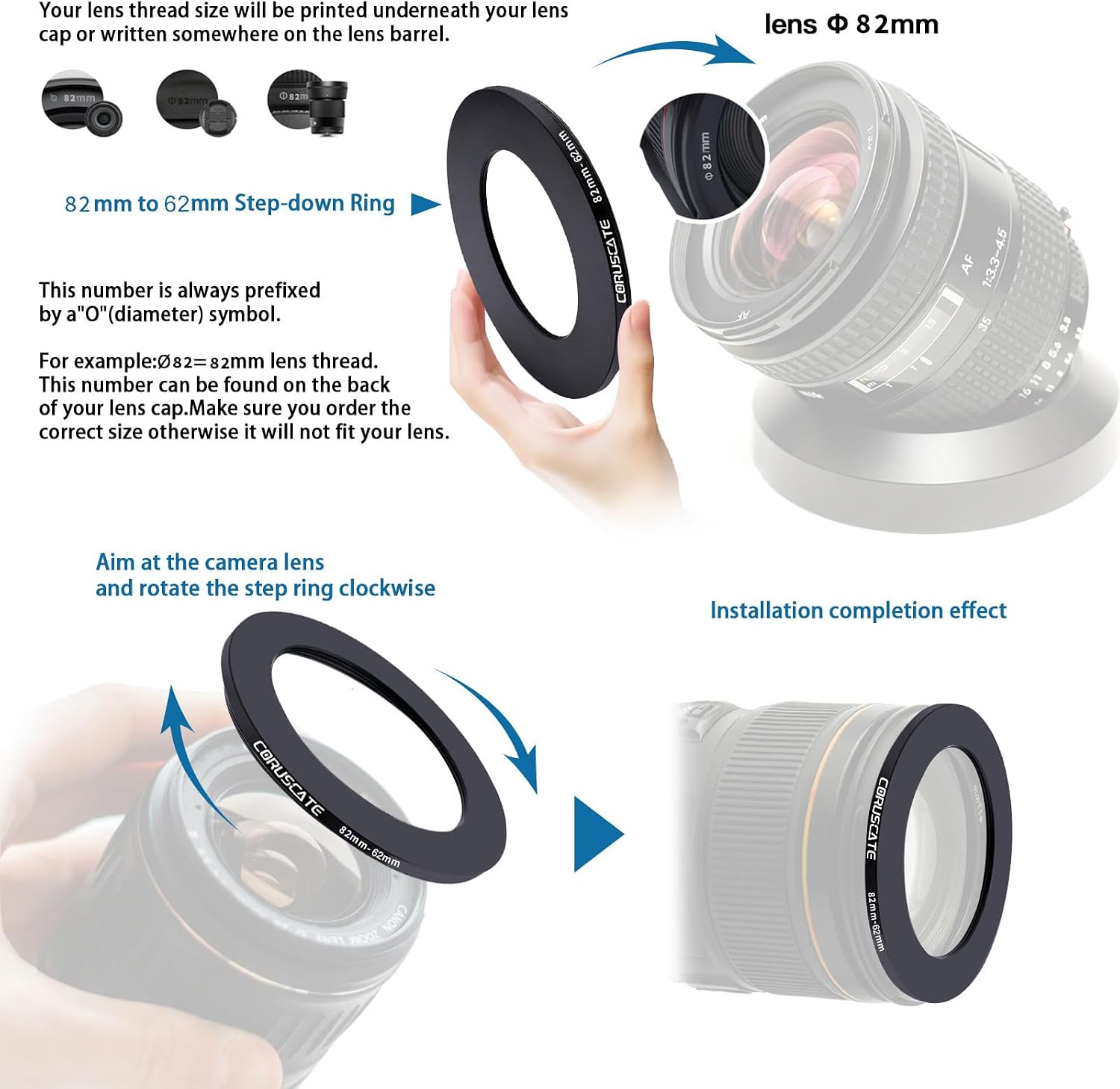 Detalle 2 de 82mm auf 62mm Objektivadapter Ring – CNC-Aluminium Step-Down Ring inkl. Reinigungstuch