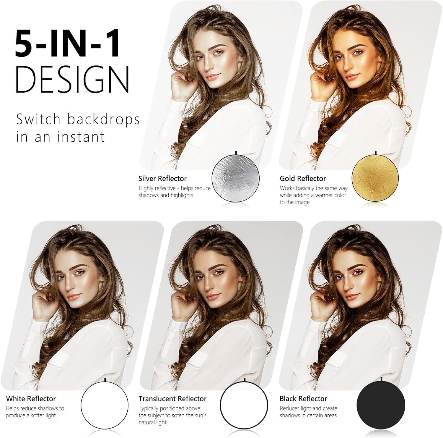 Thumbnail 1 de NEEWER 43 inch (110cm) 5-in-1 Collapsible Light Reflector / Diffuser (Translucent, Silver, Gold, White & Black)
