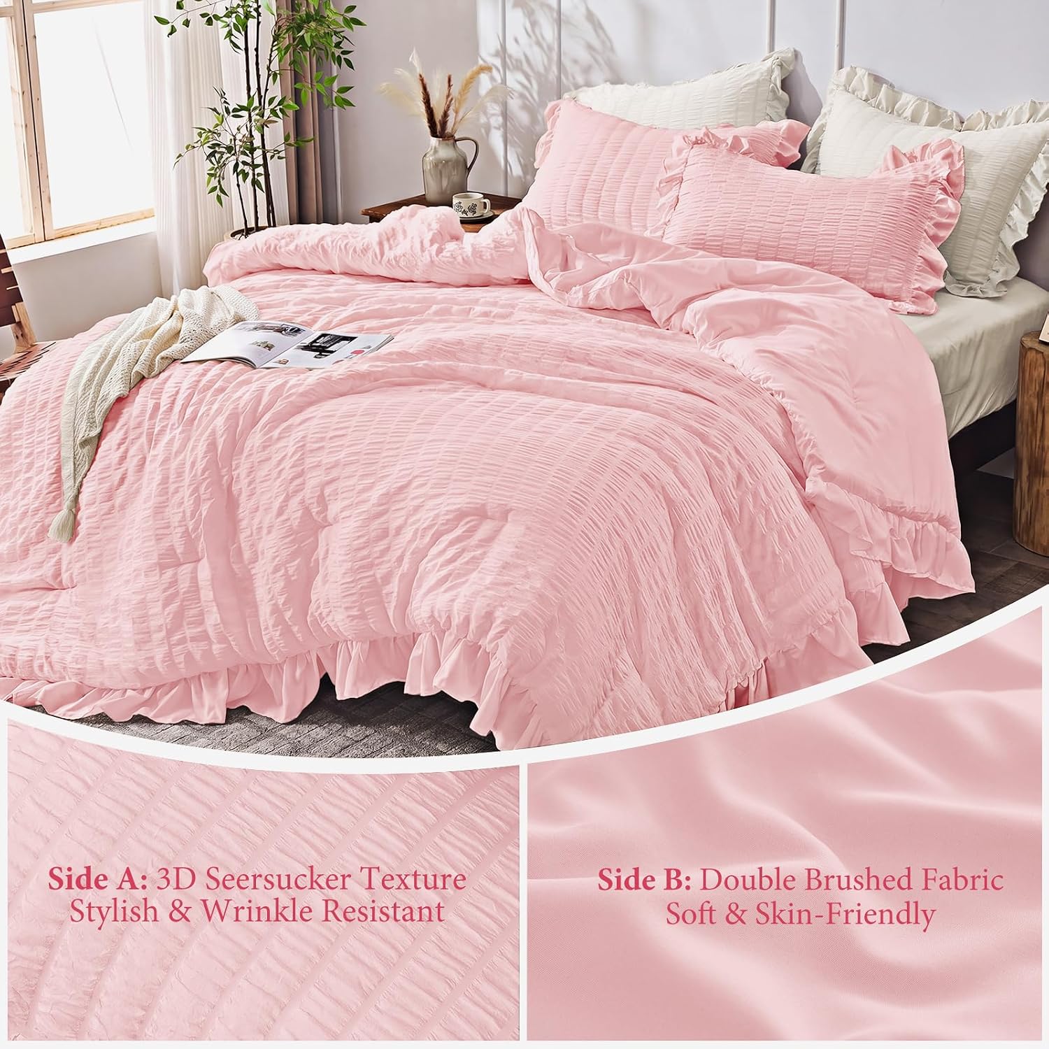 Detalle de JOLLYVOGUE Pink Seersucker Queen Comforter Set, 3 Pieces – Lightweight All-Season With Ruffle Details