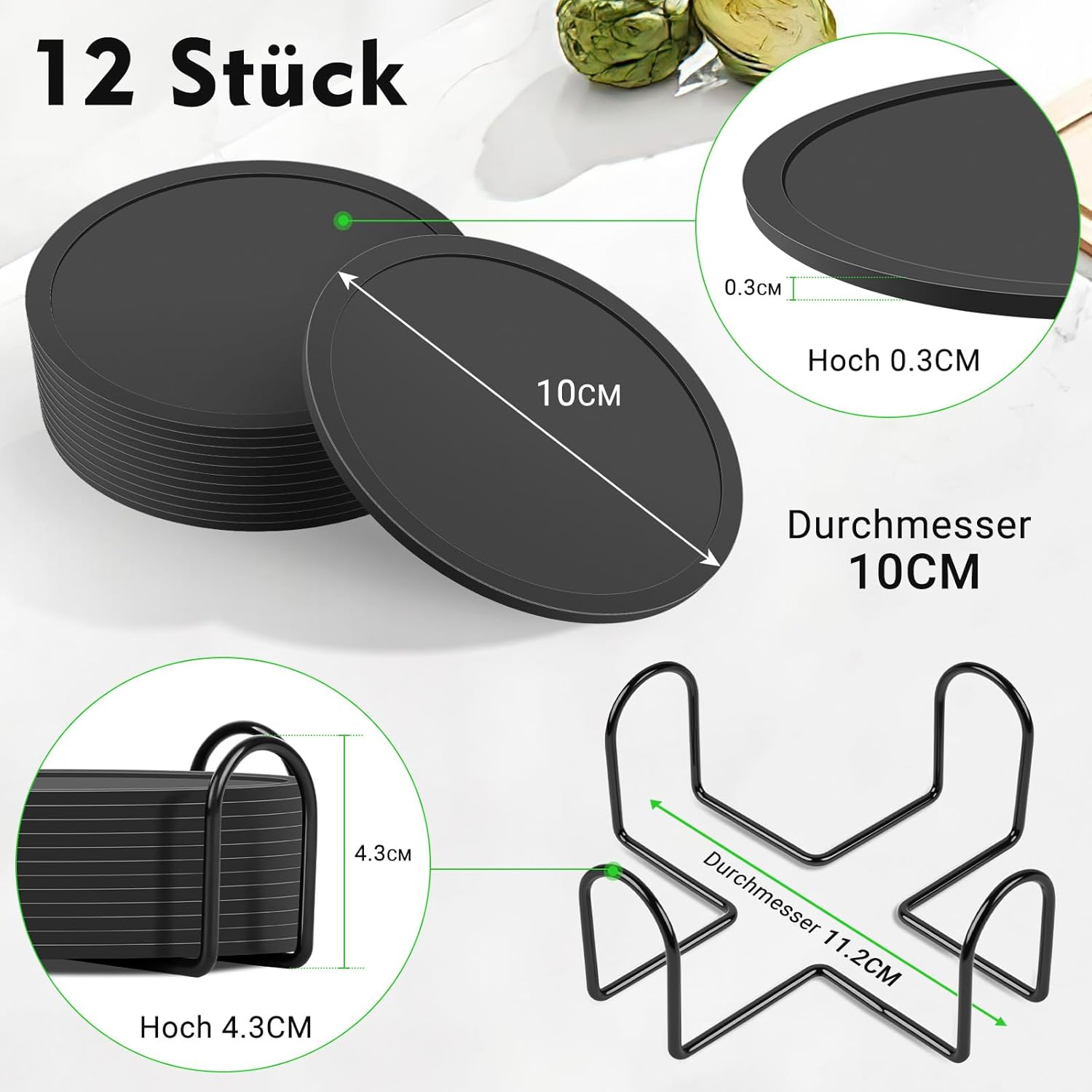 Thumbnail 1 de Pesutei 12er Set Glas-Untersetzer aus Silikon (10 cm) mit Edelstahlständer – schwarz, rutschfest und isolierend