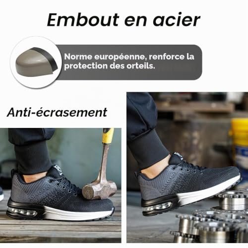Detalle de Chaussures de sécurité Bawalon pour hommes et femmes – basket légère et respirante avec embout en acier (EU 36-46) gris