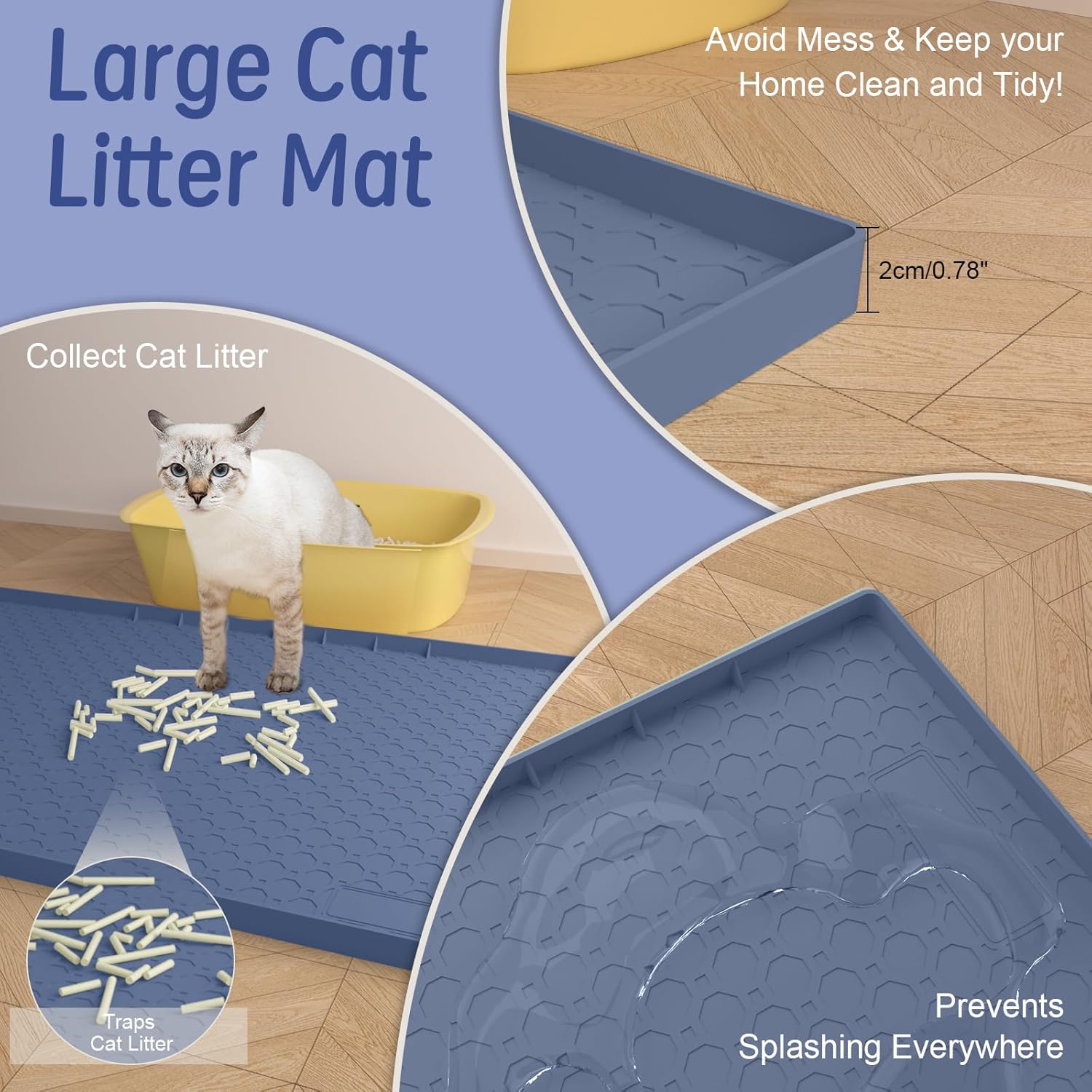 Detalle de BLESWIN Large Cat Litter Mat 86 x 56cm – Silicone anti-slip, urine waterproof tray mat in dark blue