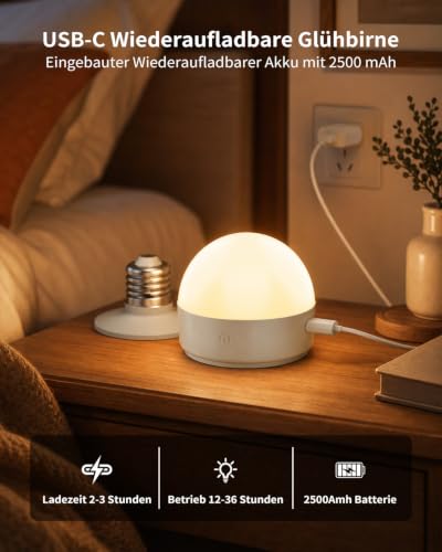 Thumbnail 2 de Suright Wiederaufladbare Glühbirne mit Batterie – 2er-Set, E27, 3 Farben + Fernbedienung, Timer & Magnetbasis