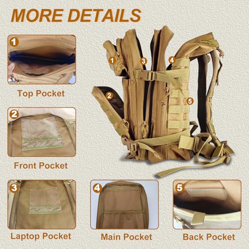 Detalle de HEMSO Mochila Táctica Militar 45 L - Impermeable, 50x30x30 cm, Caqui
