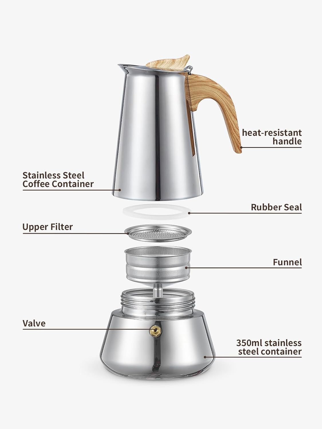Detalle 1 de Yabano Cafetiere italienne Moka Pot, 350ml Stainless Steel Stovetop Coffee Maker