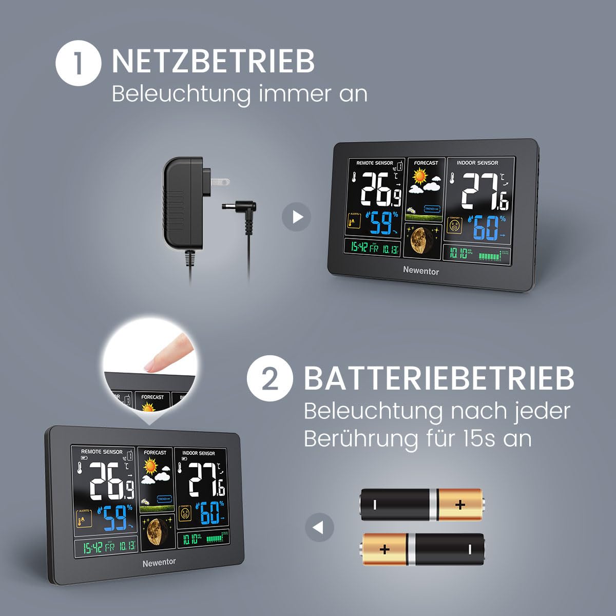 Detalle 2 de Newentor Funk-Wetterstation mit Außensensor (DCF-Funkuhr) – Schwarz, mit Wettervorhersage & Temperaturwarnung